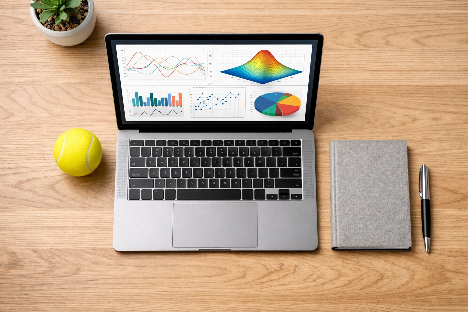 Analytische Datenmodelle und Tennis Statistiken auf einem Laptop am Arbeitsplatz