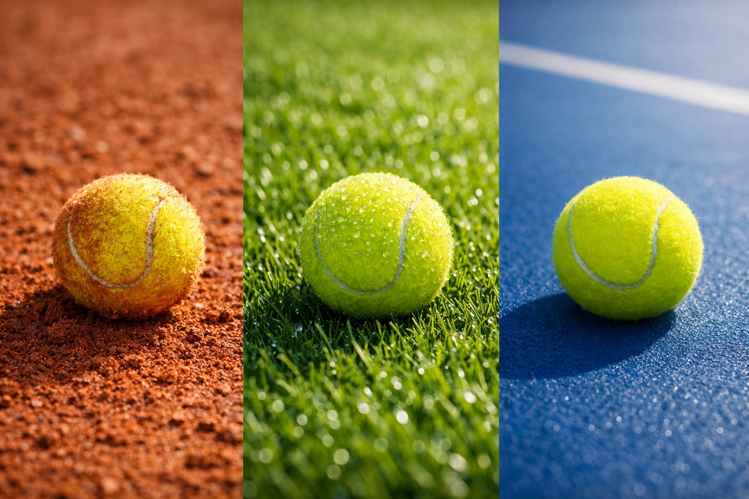 Drei Tennisplatz-Oberflächen im Vergleich: Sand, Rasen und Hartplatz für die Spielanalyse.