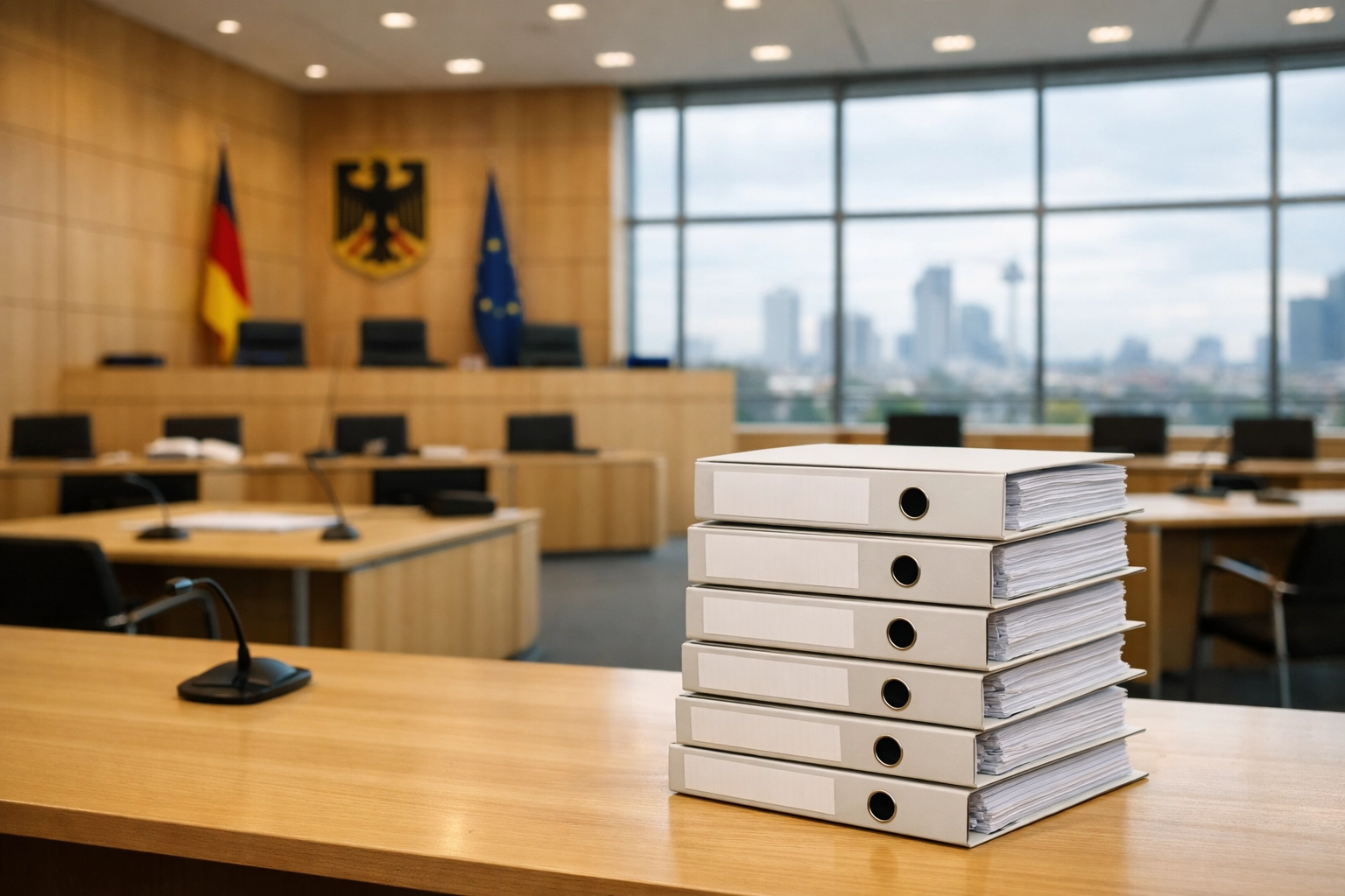 Aktenstapel in einem Gerichtssaal als Symbol für Klagen auf Rückforderung von Sportwetten-Verlusten.