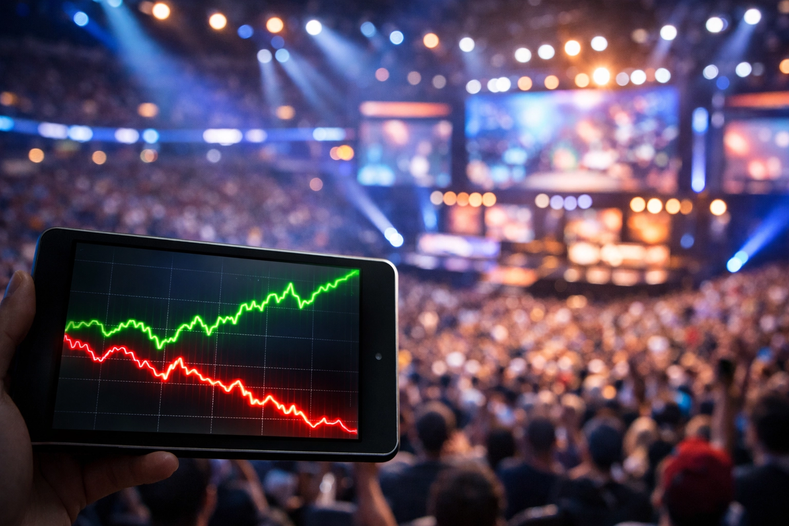 Live E-Sports Quotenanalyse in einer Arena mit Markttrends auf einem Tablet.