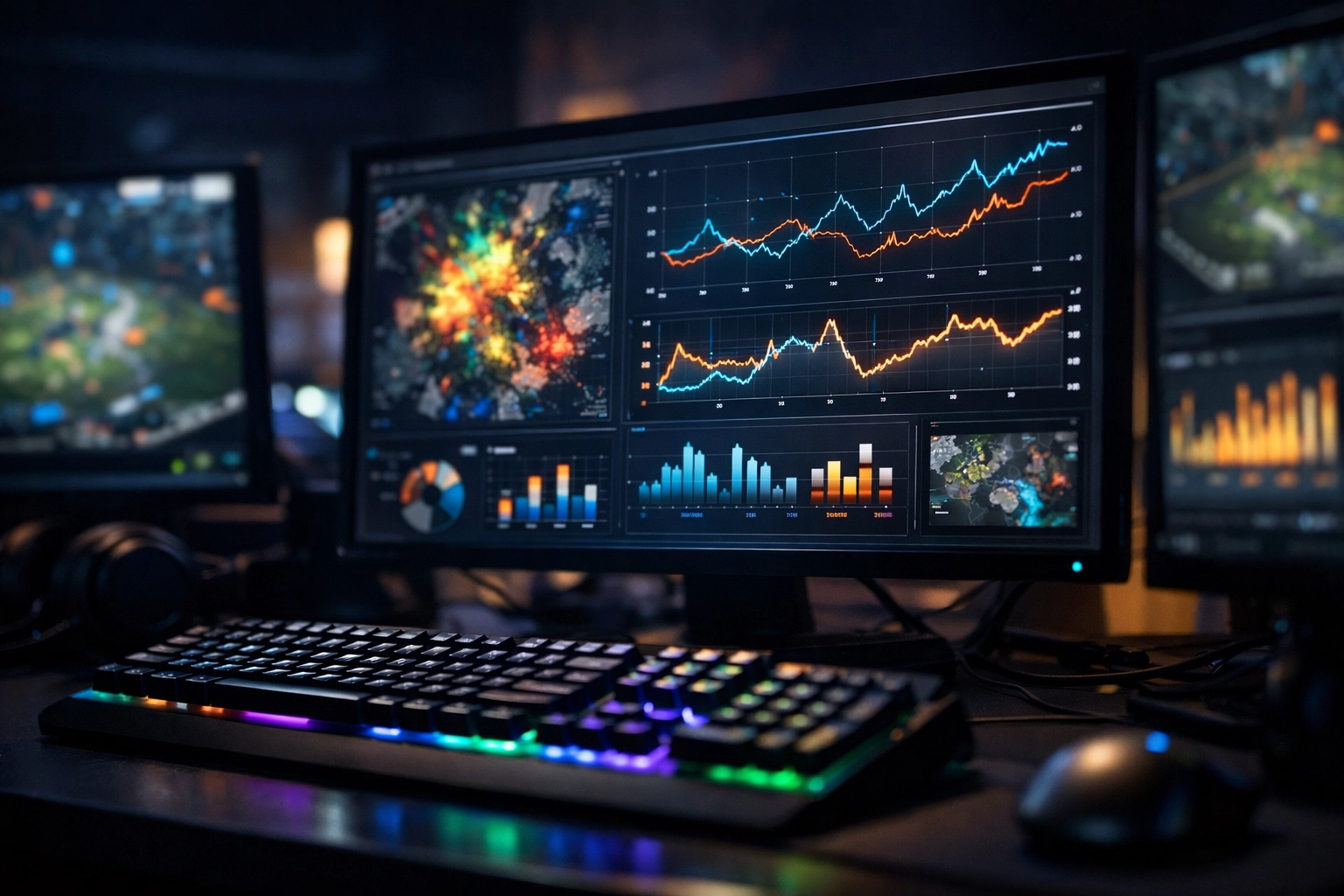 E-Sports Analysten-Workstation mit Live-Daten und Heatmaps zur taktischen Spielanalyse