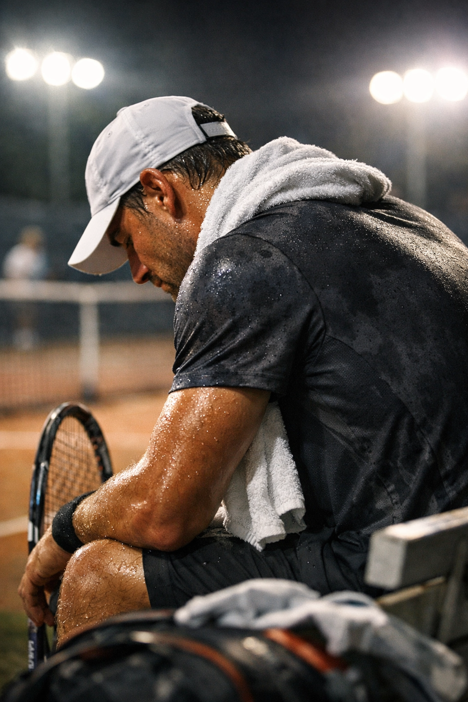Erschöpfter Tennisspieler auf der Bank zur Bewertung physischer Belastung und Ermüdung.