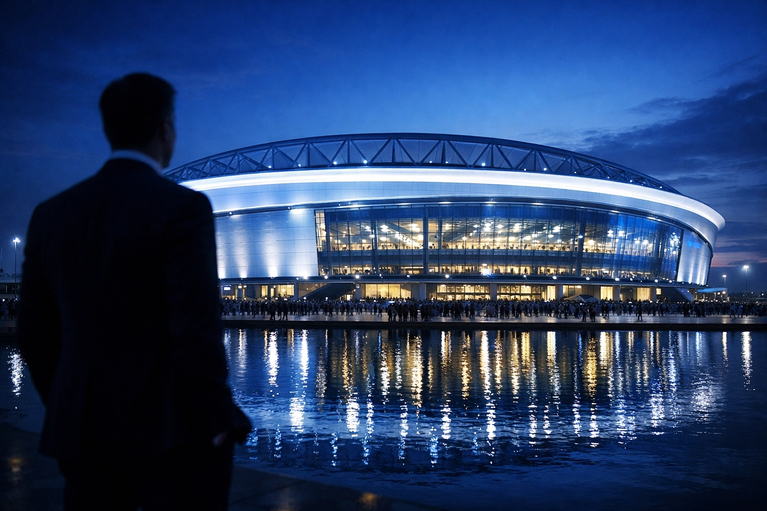 Modernes Fußballstadion bei Nacht mit Silhouette eines Investors zur Veranschaulichung der Sponsoring-Finanzen.