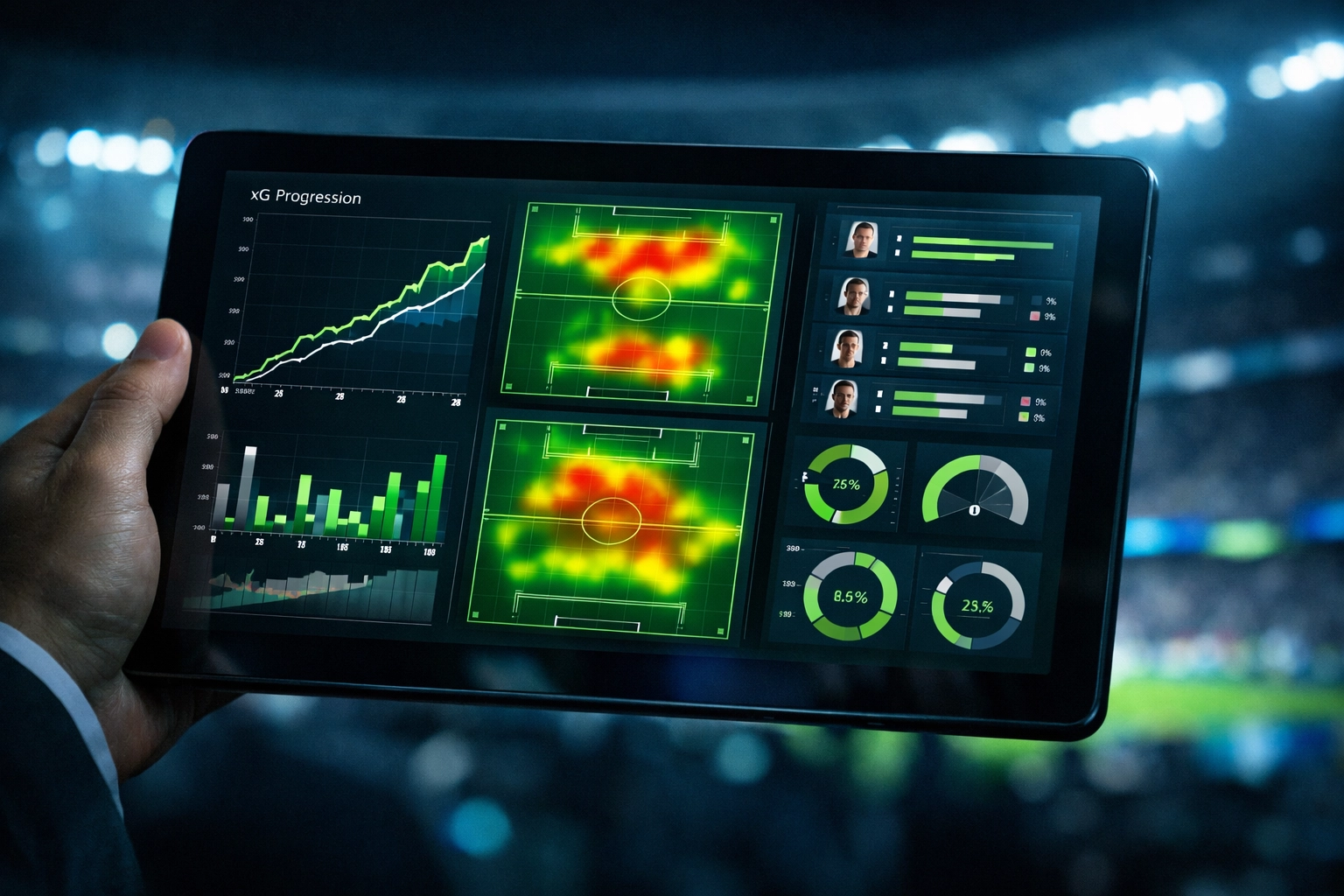 Professionelle Analyse von xG-Werten und Live-Daten auf einem Tablet für präzise Live-Wetten.