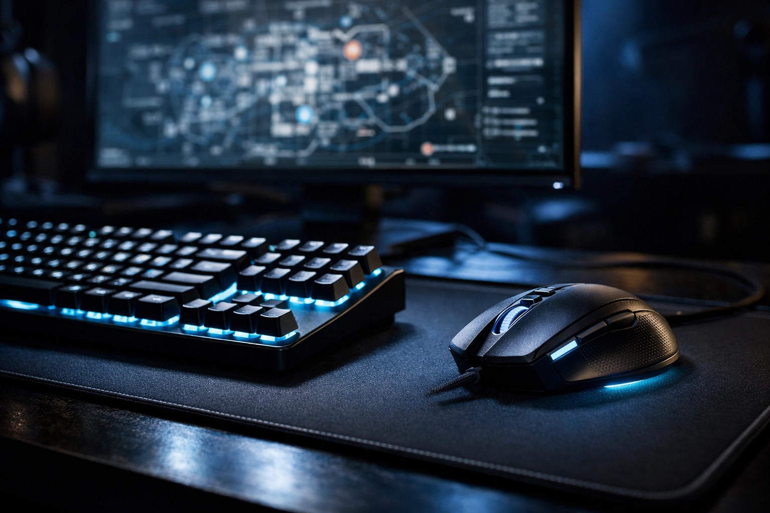 Professioneller E-Sports Arbeitsplatz mit taktischer Karte zur Analyse der Team Performance