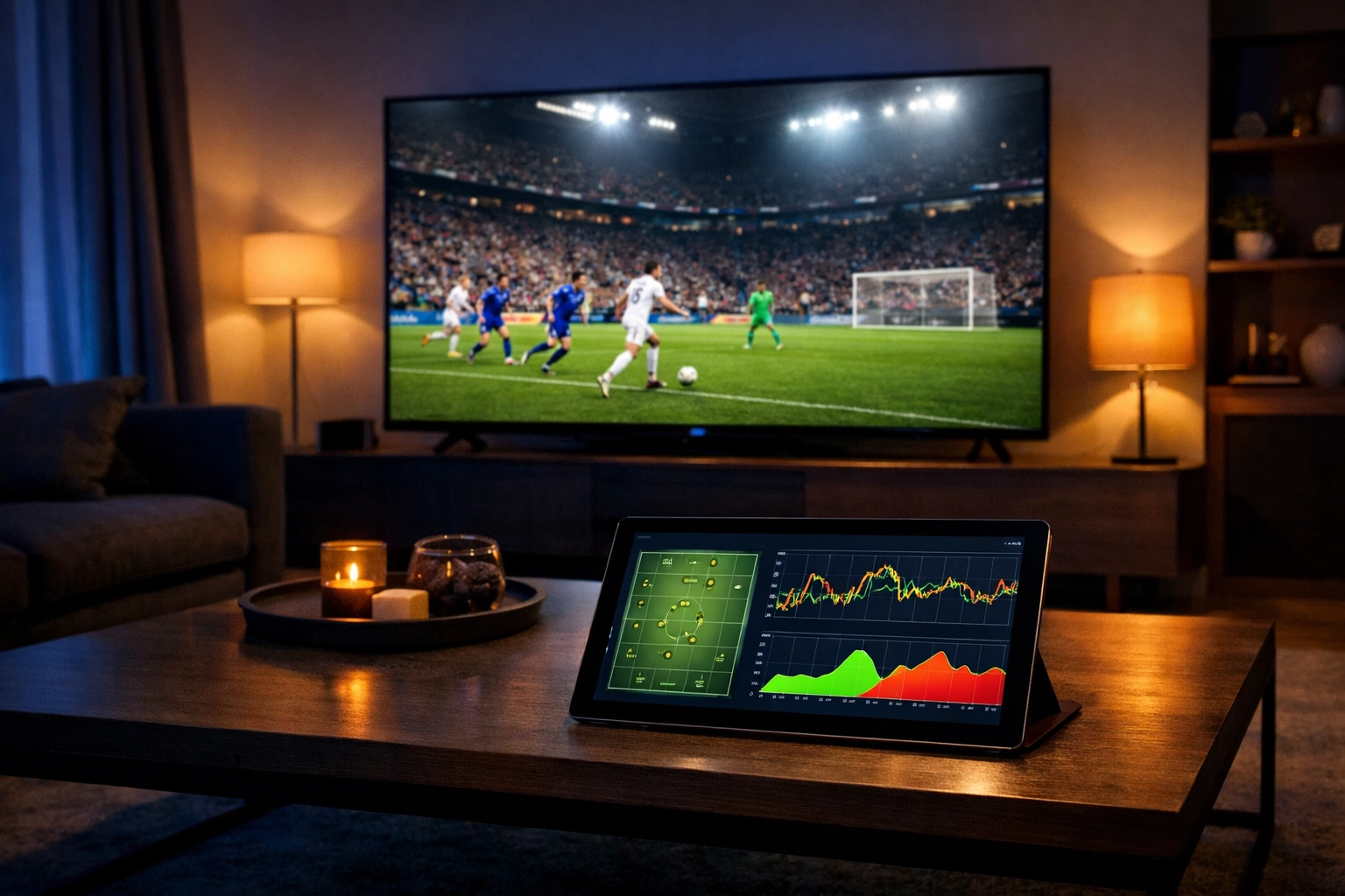 Moderne Datenanalyse auf einem Tablet während einer Live-Fußballübertragung im Hintergrund.
