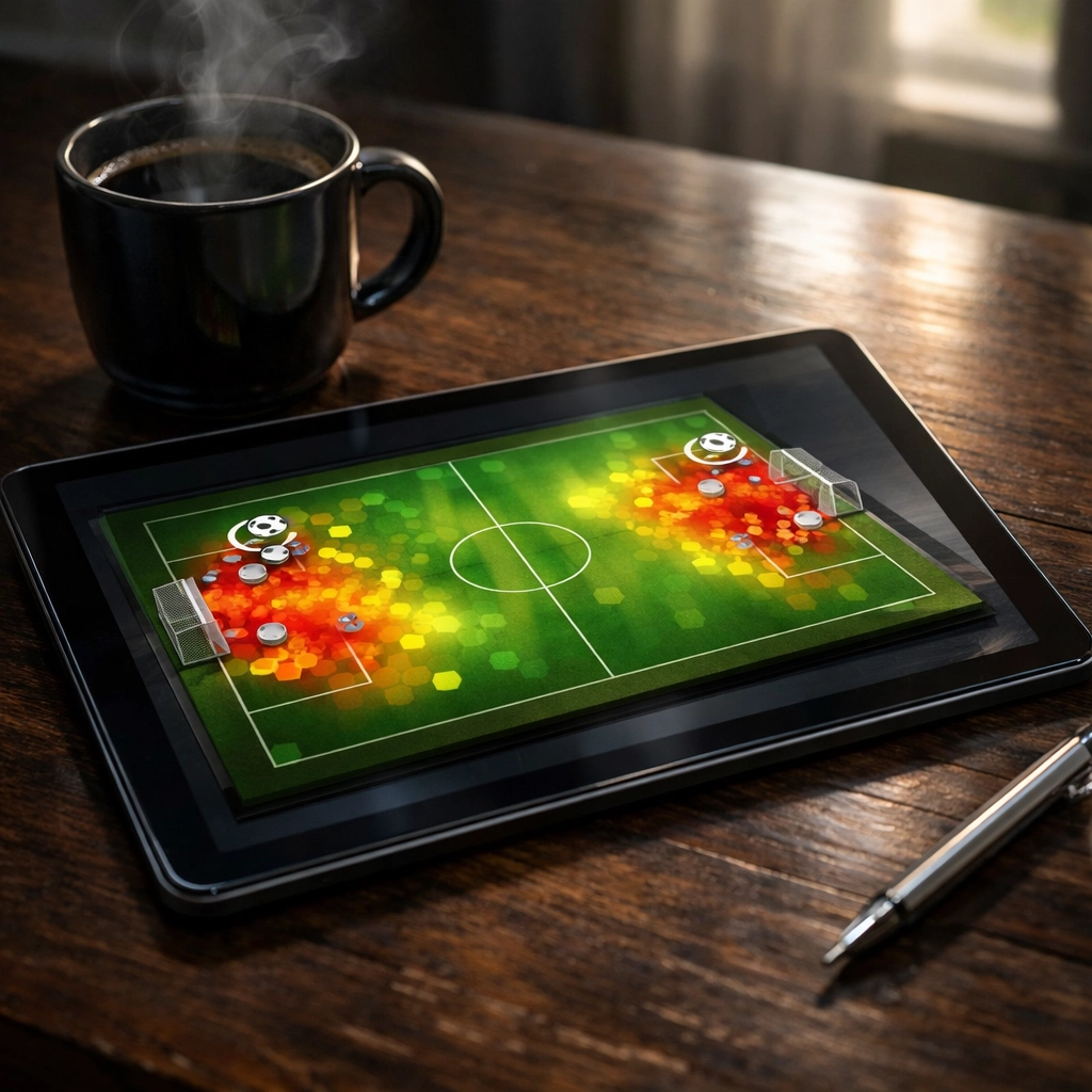 Analyse von xG-Werten und Heatmaps auf einem Tablet zur Vorhersage von Markttrends im Fußball.
