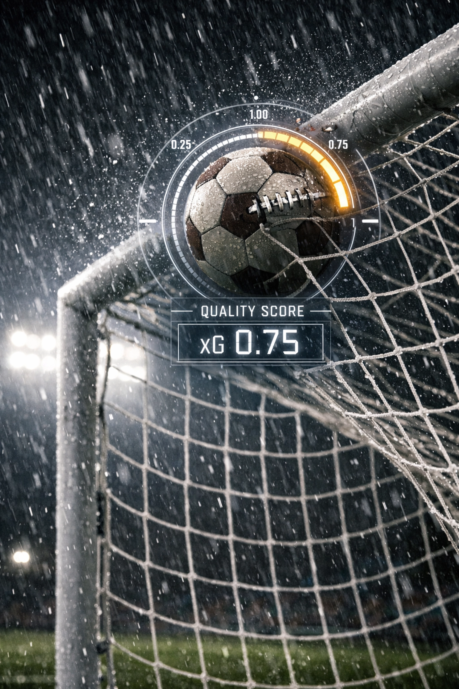 Fußballtor bei Regen mit digitaler xG-Analyse zur Bestimmung der Chancenqualität bei Live-Wetten.