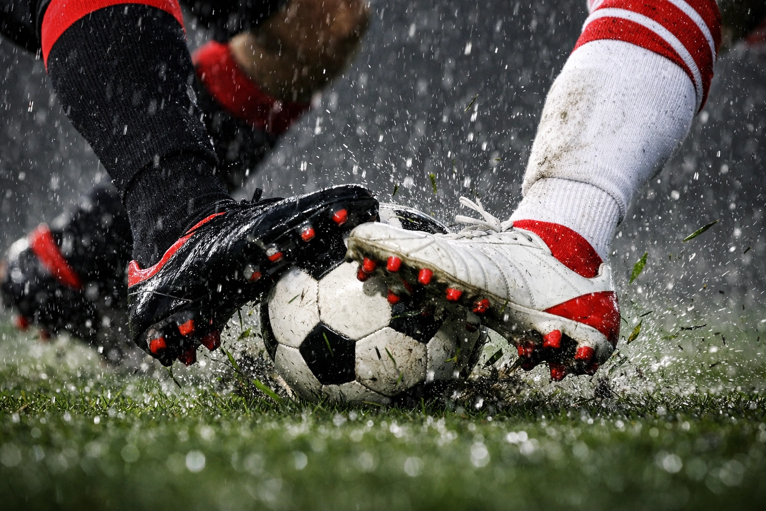 Zweikampf auf nassem Rasen passend zur Under-Wette bei Leverkusen gegen Arsenal.