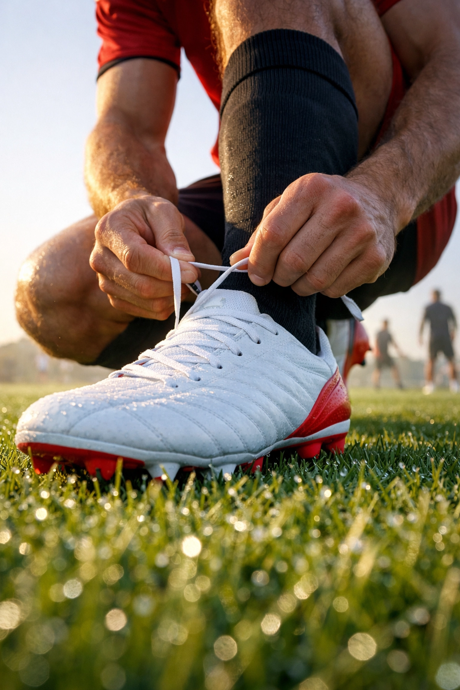 Ein Profifußballer schnürt seine Schuhe zur Spielvorbereitung in der Serie A Analyse.