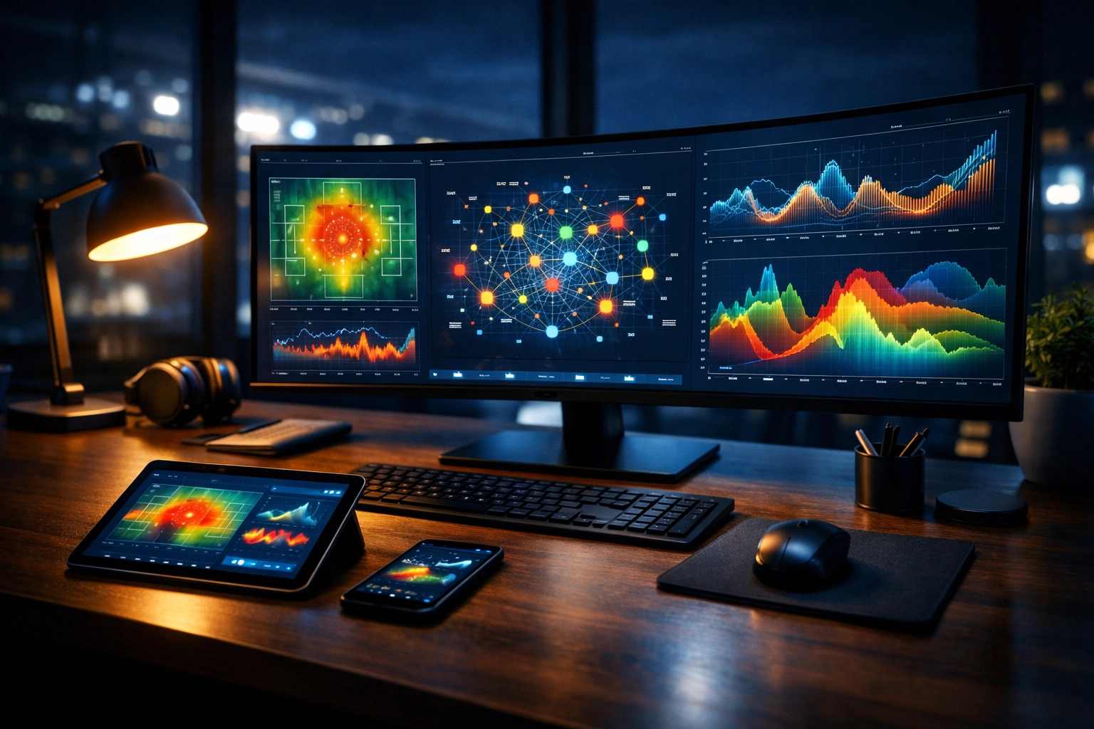 Moderner Arbeitsplatz mit Datenvisualisierungen für eine präzise Marktanalyse.