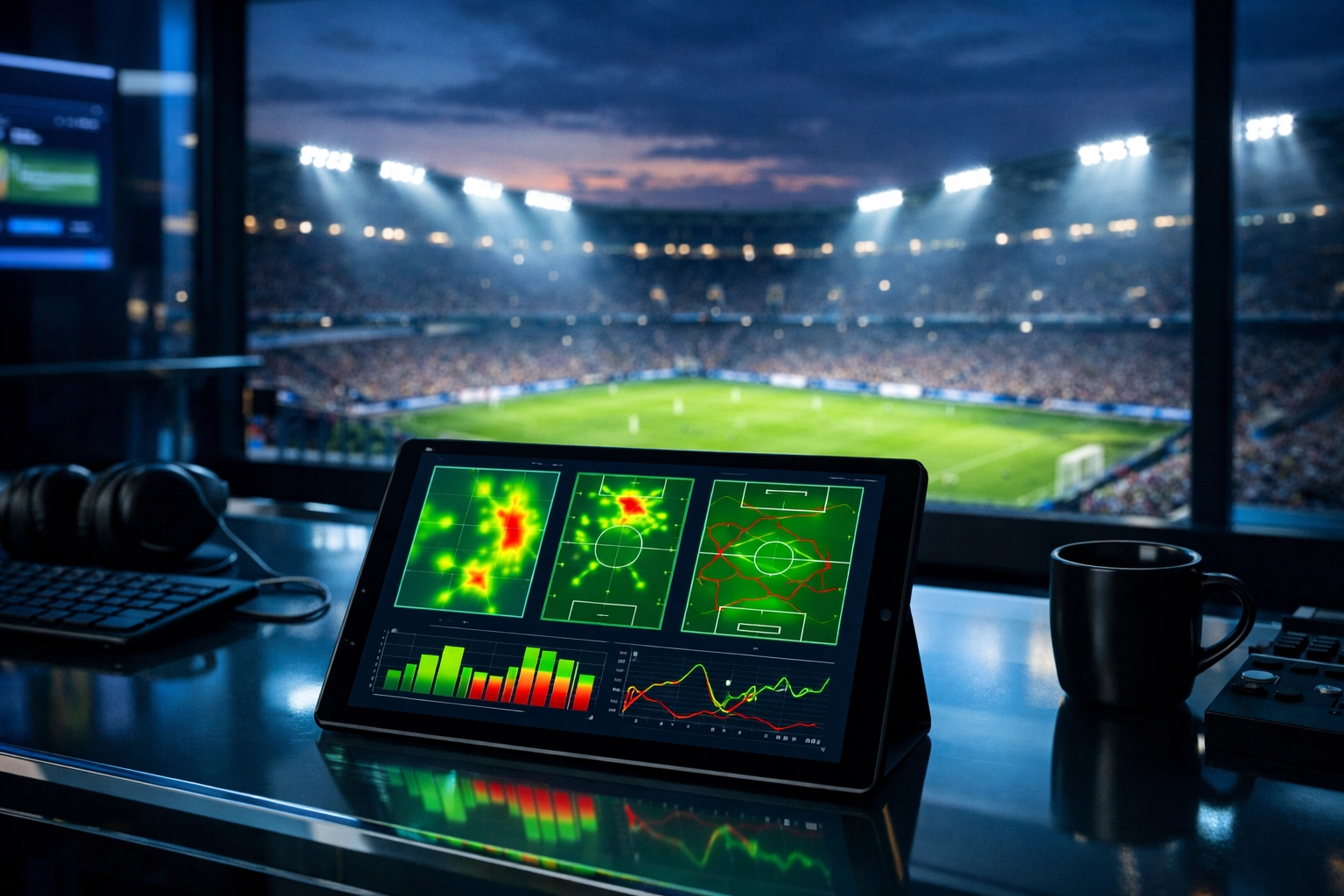Digitale Analyse von Champions League Daten auf einem Tablet im Sportstudio.