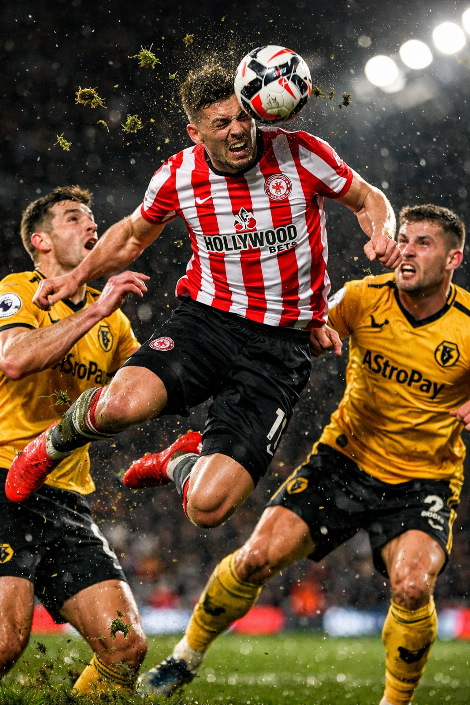 Intensives Kopfballduell zwischen Brentford und Wolverhampton Wanderers Spielern.