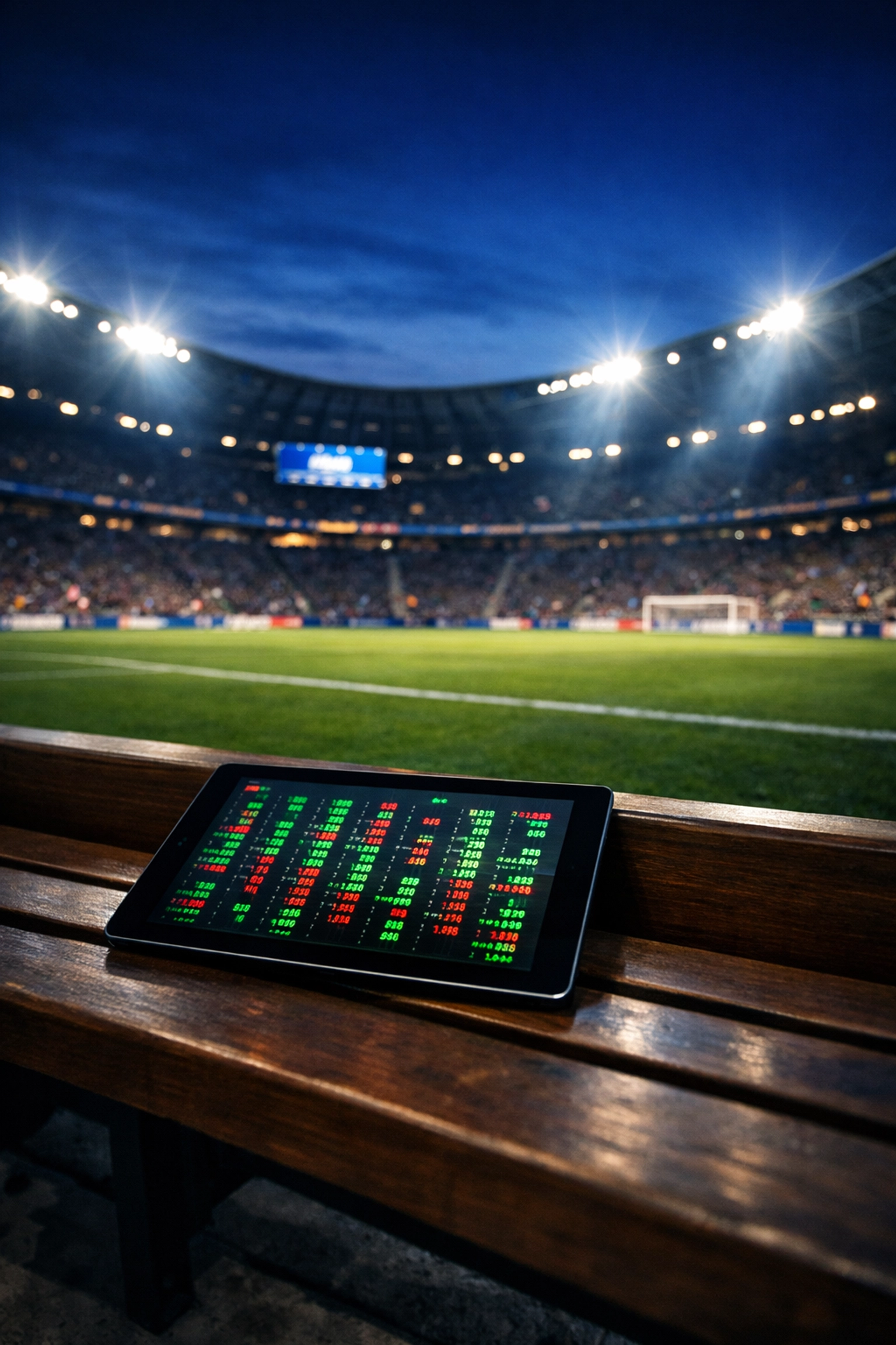 Tablet mit Datenanalyse im Fußballstadion zur Ermittlung des Closing Line Value vor Spielbeginn.