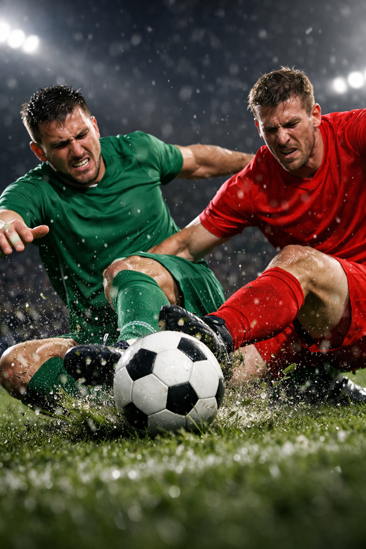 Zwei Profifußballer im harten Zweikampf um den Ball während einer wichtigen Bundesliga-Begegnung.