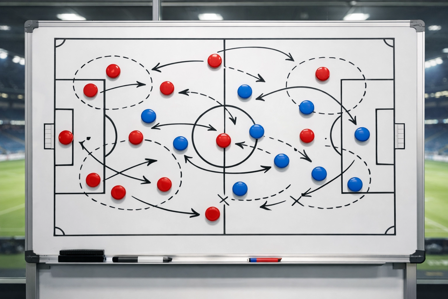 Taktische Analyse von Fußball-Spielzügen auf einem Whiteboard zur Markt-Identifikation.