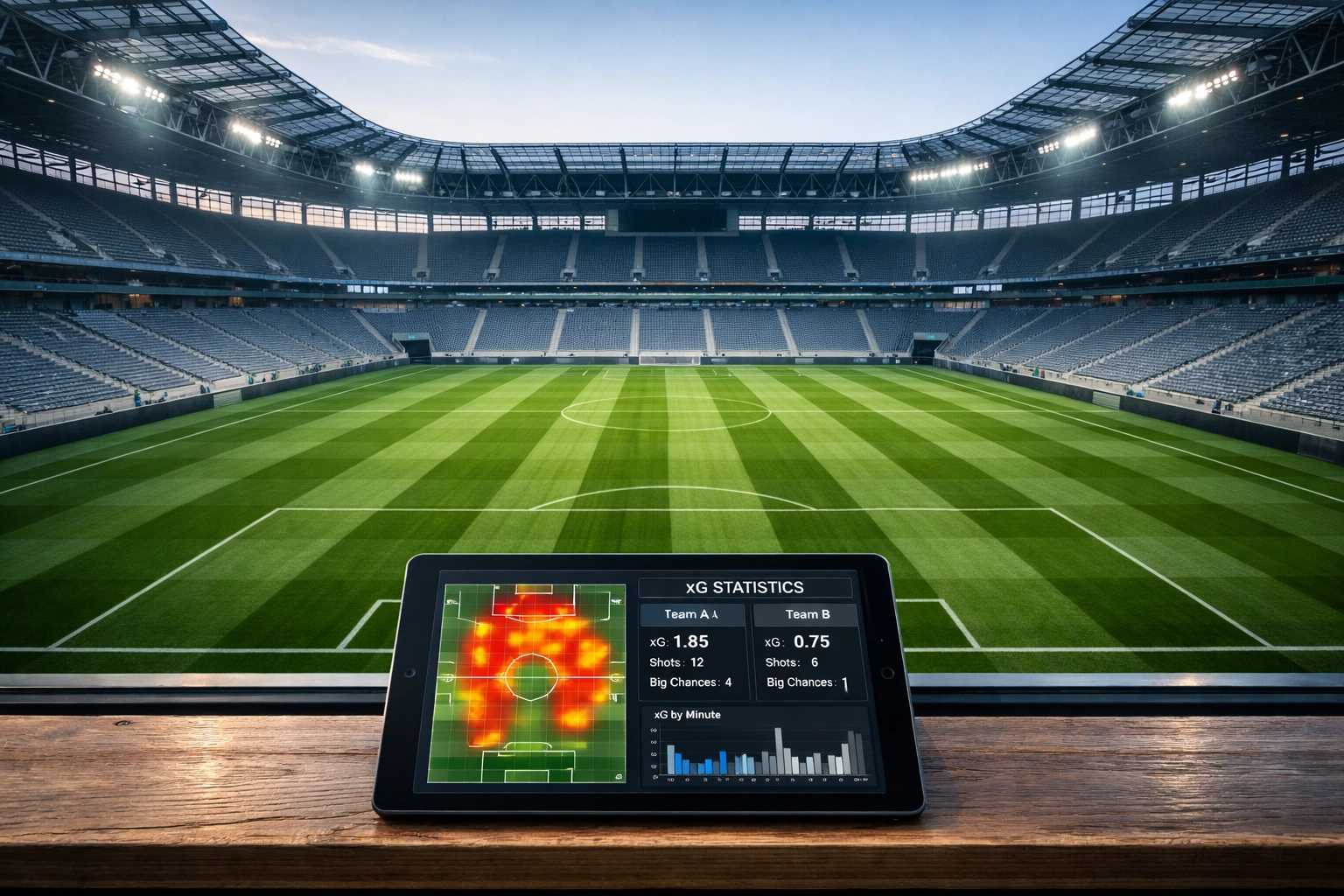 Tablet mit xG-Statistiken und Heatmap zur professionellen Spielanalyse im Fußballstadion.
