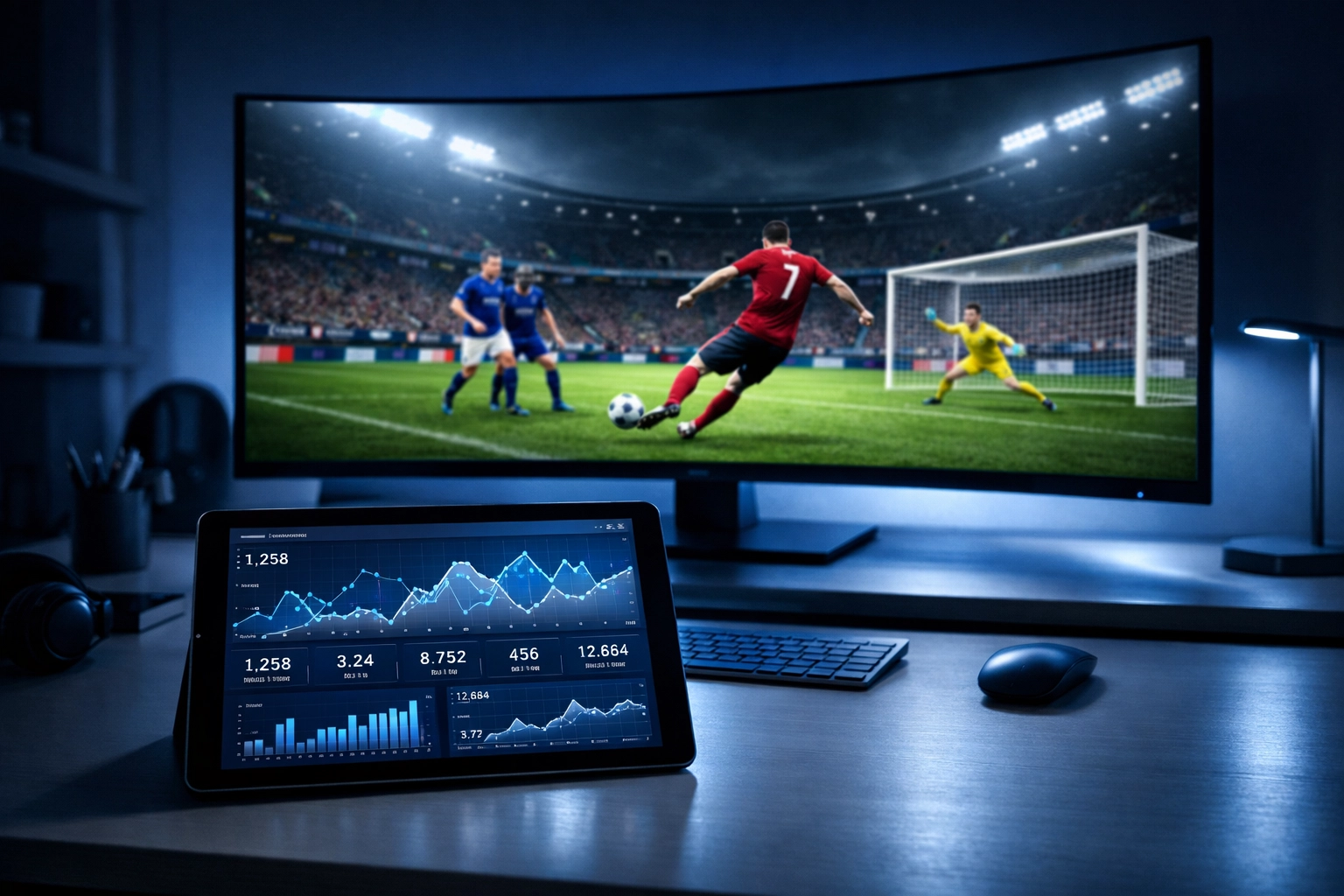 Professionelles Wett-Dashboard mit Live-Daten und Quoten-Analyse auf einem Tablet am Monitor.