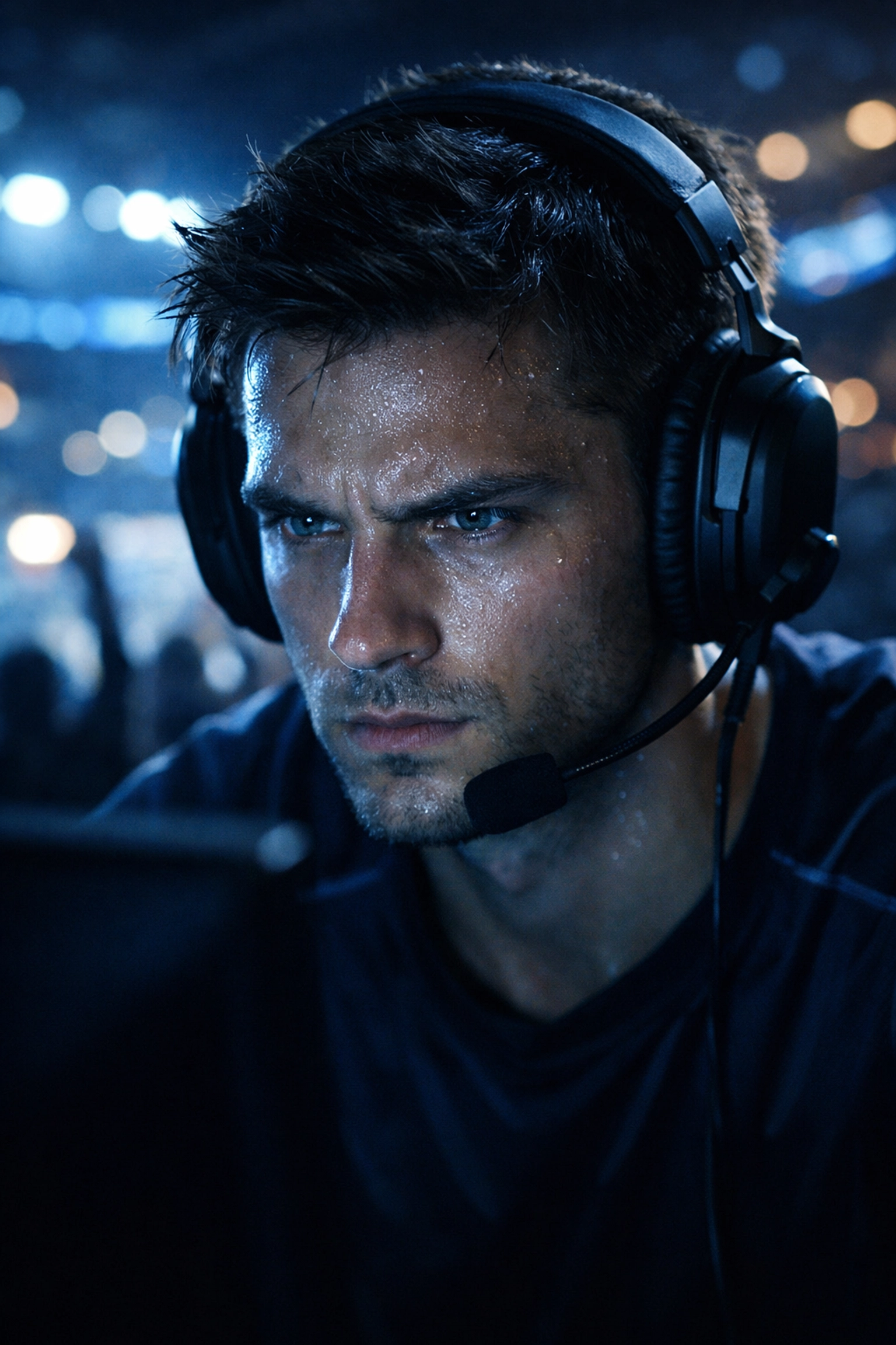 Ein fokussierter E-Sports-Profi bei einer detaillierten Team-Performance-Analyse.