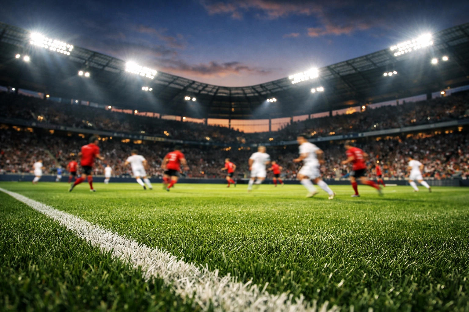 Modernes Fußballstadion unter Flutlicht für die Bundesliga Spieltagsvorschau