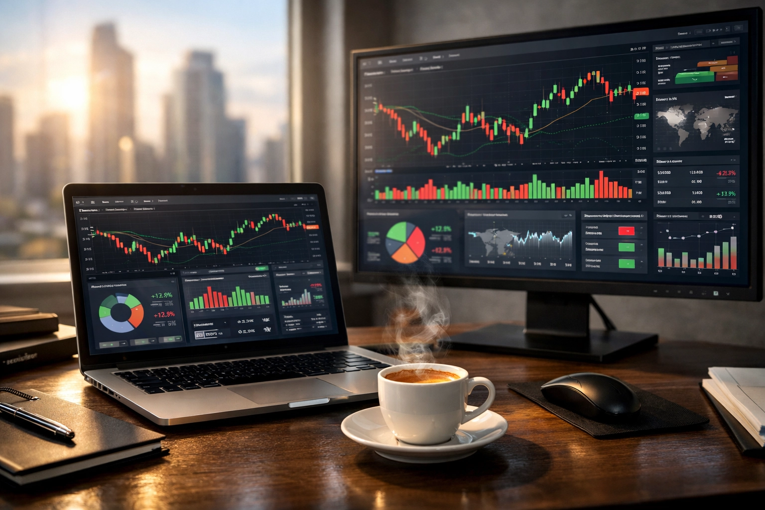 Analyse digitaler Dashboards mit Marktdaten und Quoten-Ausschlägen am Analysten-Arbeitsplatz.
