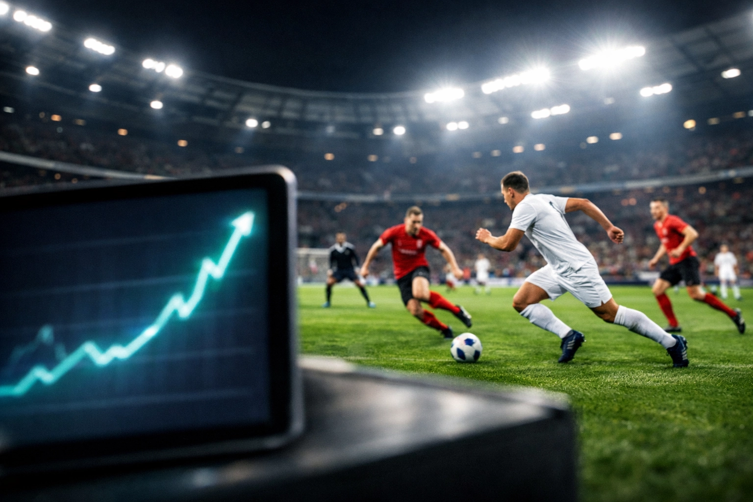 Momentum-Analyse bei In-Play-Wetten durch Visualisierung von Live-Daten im Fußballstadion.