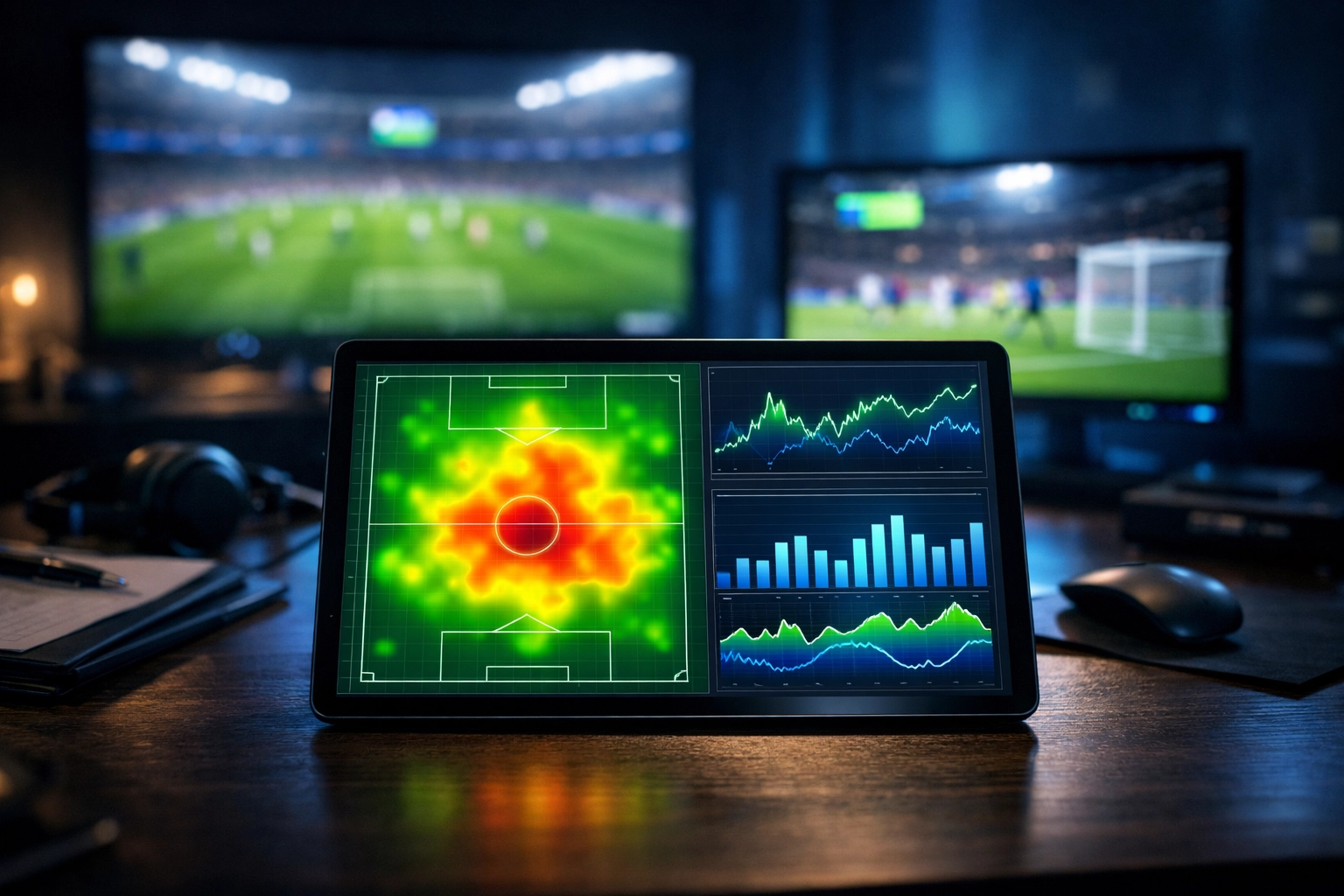 Datenbasierte Live-Betting-Analyse mit Heatmaps und Graphen auf einem Tablet