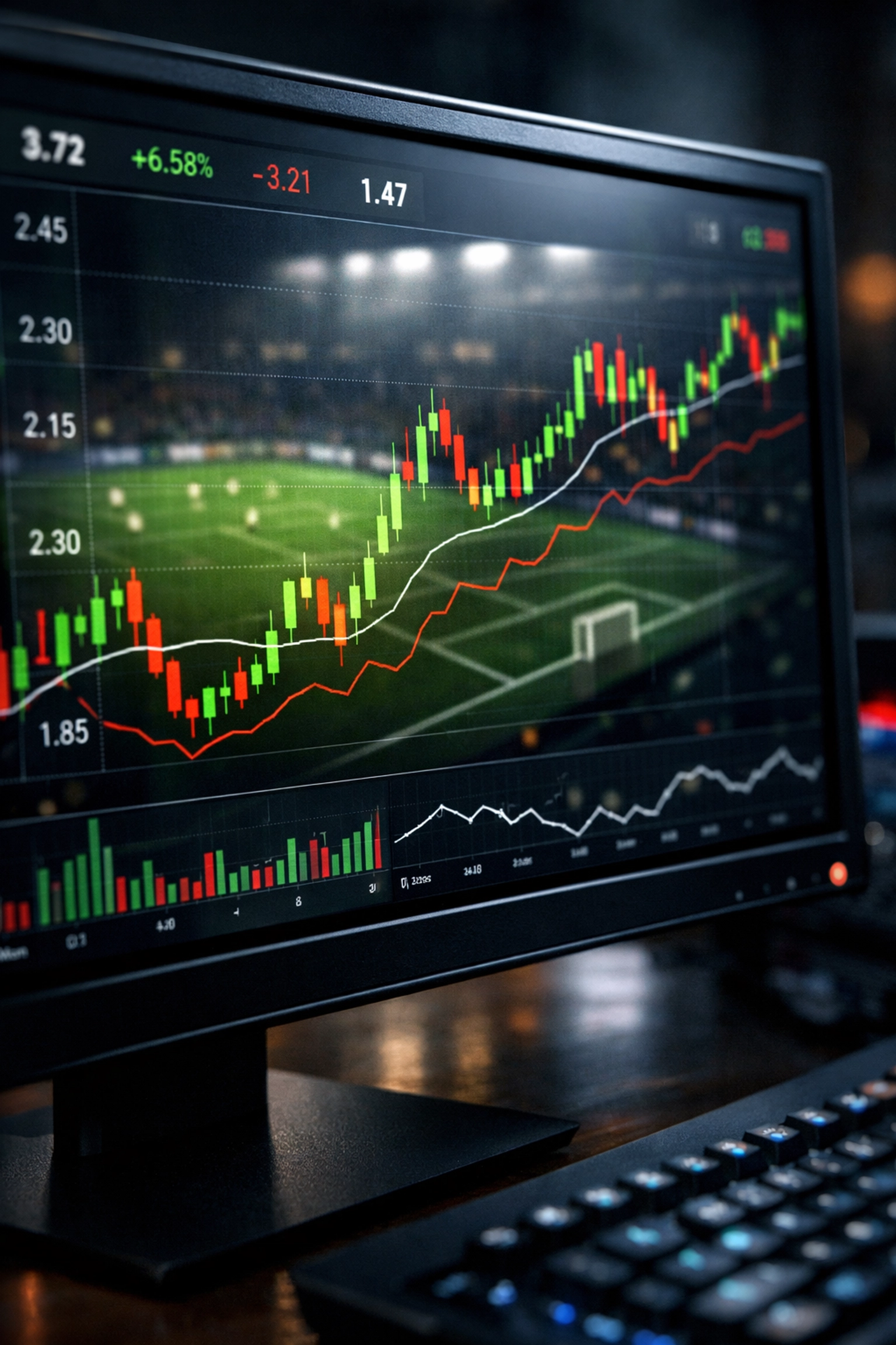 Überwachung von Quotenbewegungen und Markttrends bei Live-Wetten auf einem Monitor.