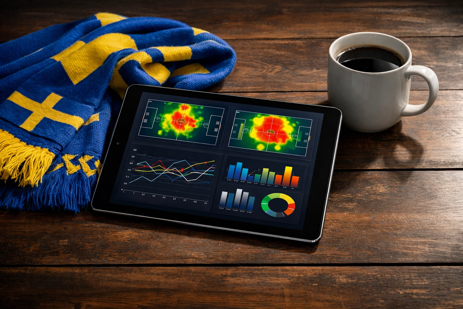 Tablet mit Sportdaten-Analyse und schwedischem Fanschal für professionelle Wett-Tipps.