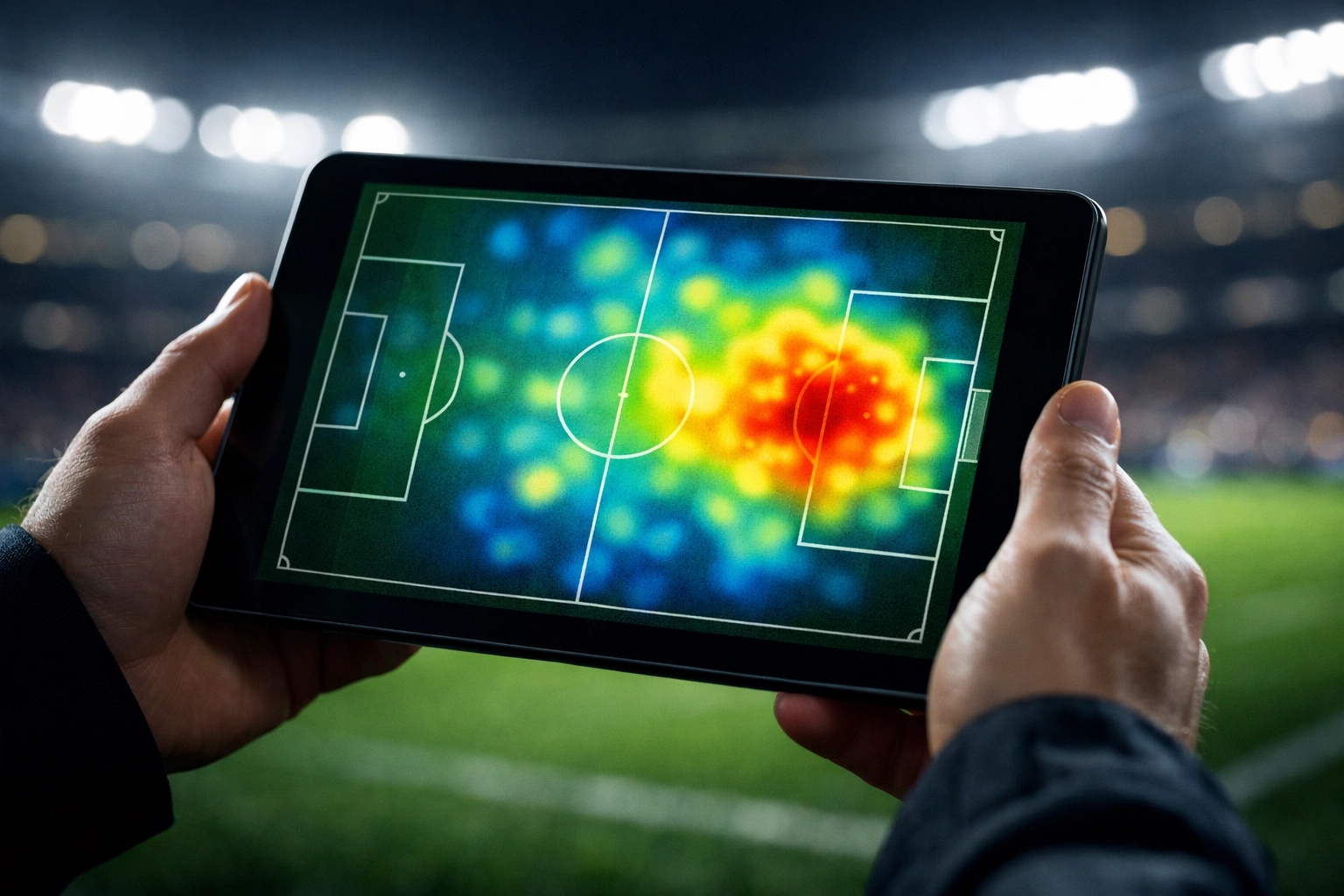 Analyse der Ballkontakte im Strafraum auf einem Tablet im Fußballstadion für WM-Quali Tipps.