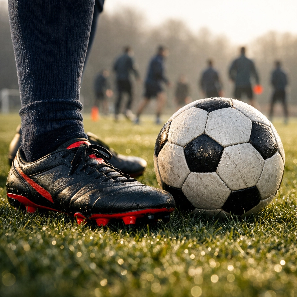 Detailaufnahme von Fußballschuhen und Ball beim Training für fundierte Prognosen.