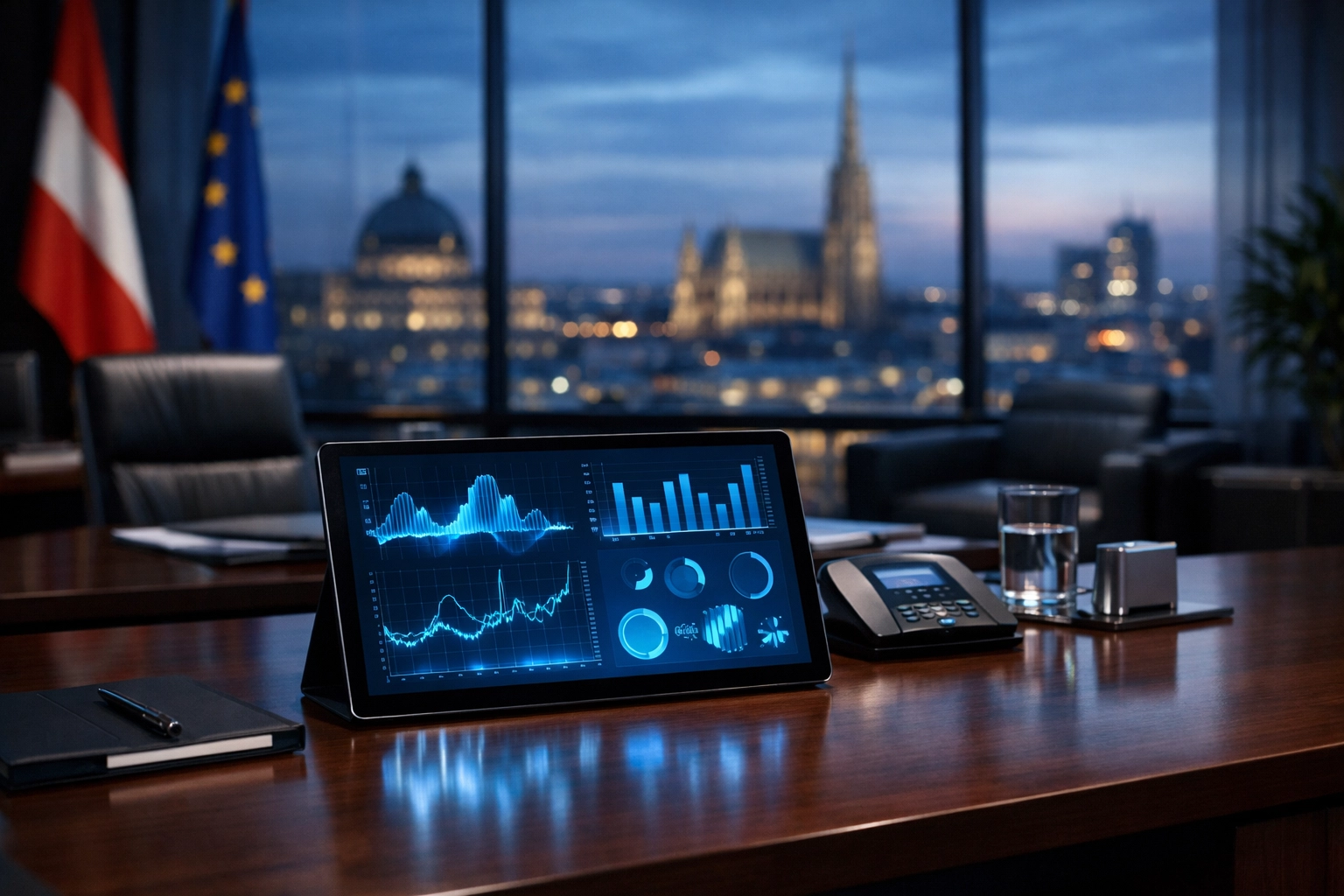 Büro der neuen Regulierungsbehörde für die Glücksspiel-Reform in Österreich mit Datenanalyse.