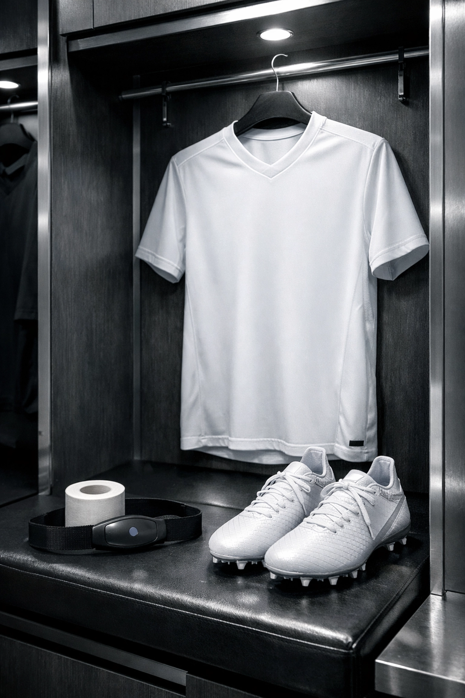 Profi-Fußballkabine mit Trikot und medizinischem Zubehör zur Kader-Analyse.