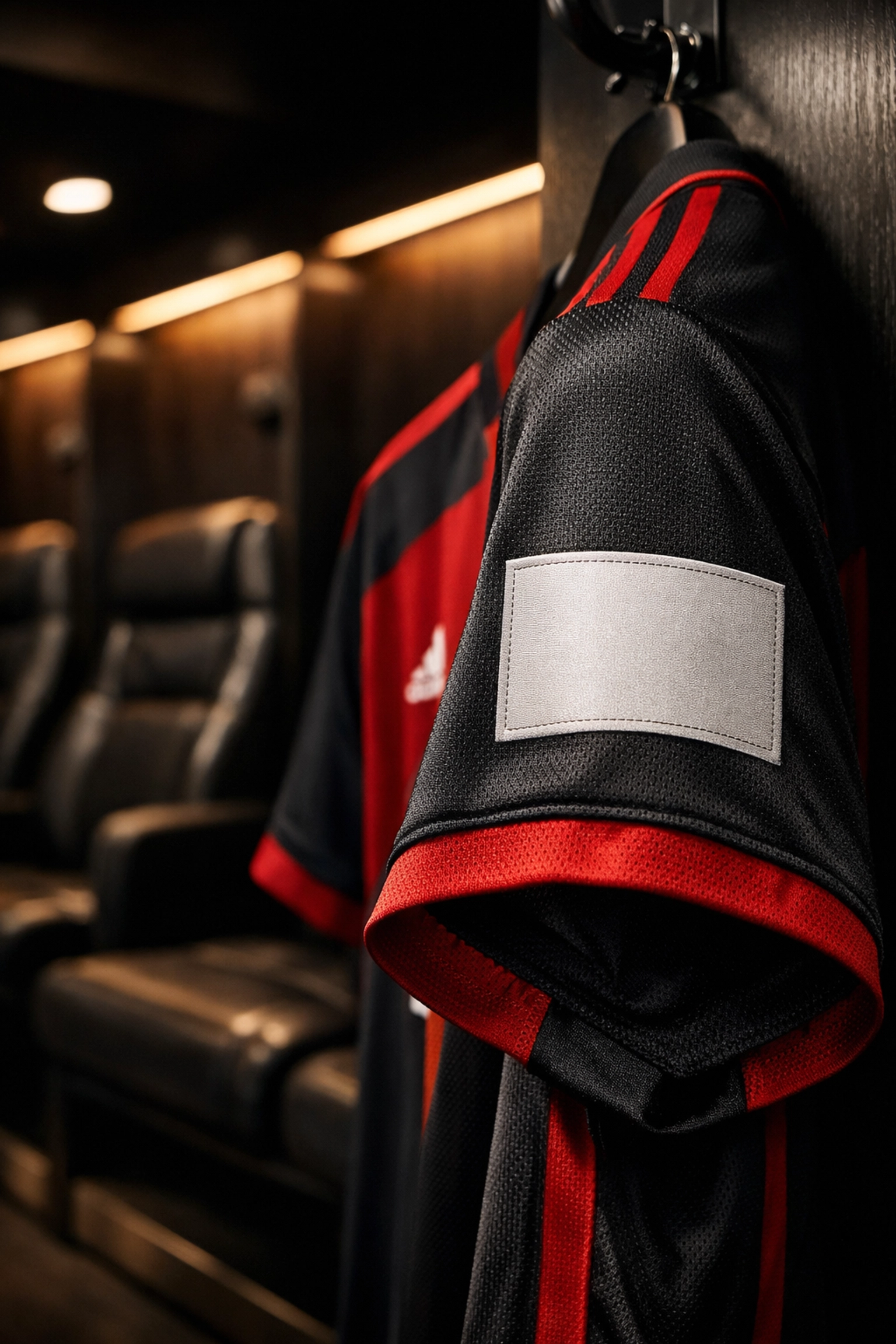 Detailansicht eines Fußballtrikots mit Sponsoring-Patch am Ärmel in einer Profi-Umkleidekabine.