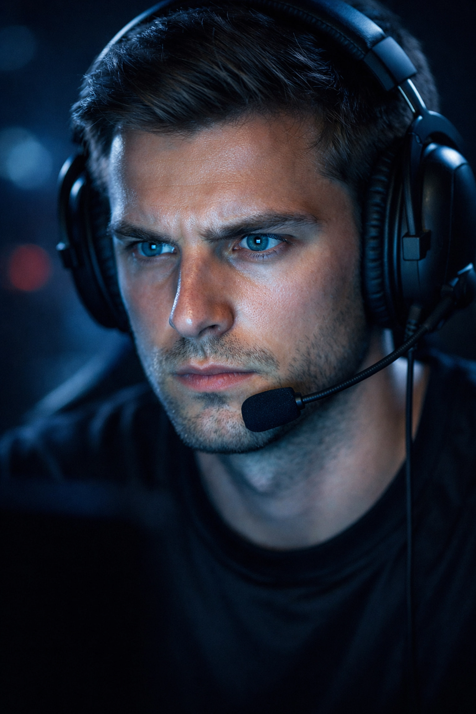 Konzentrierter E-Sports Profi-Spieler bei der Analyse wichtiger Spielmomente unter Druck.