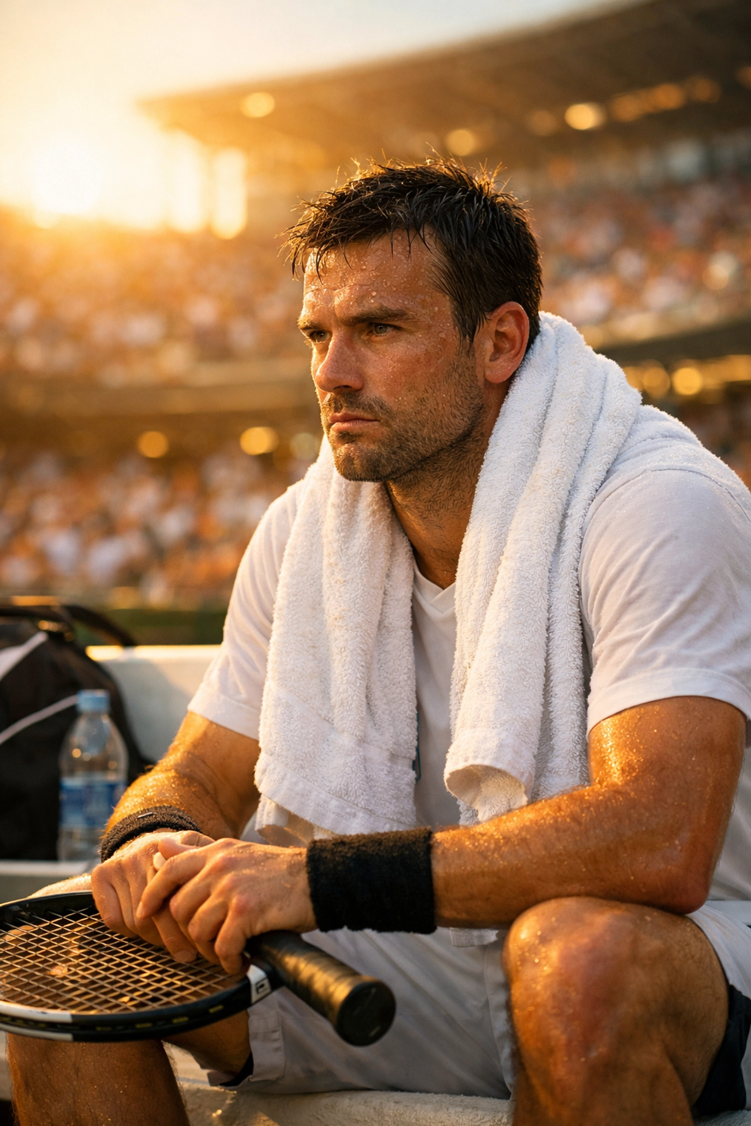 Fokussierter Tennisspieler beim Seitenwechsel zur Veranschaulichung von Momentum bei Live-Wetten.