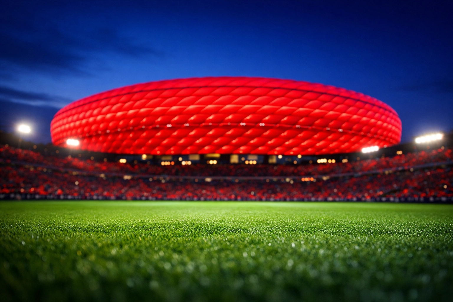 Beleuchtete Allianz Arena für die Bundesliga Analyse des Spiels Bayern gegen Leipzig.