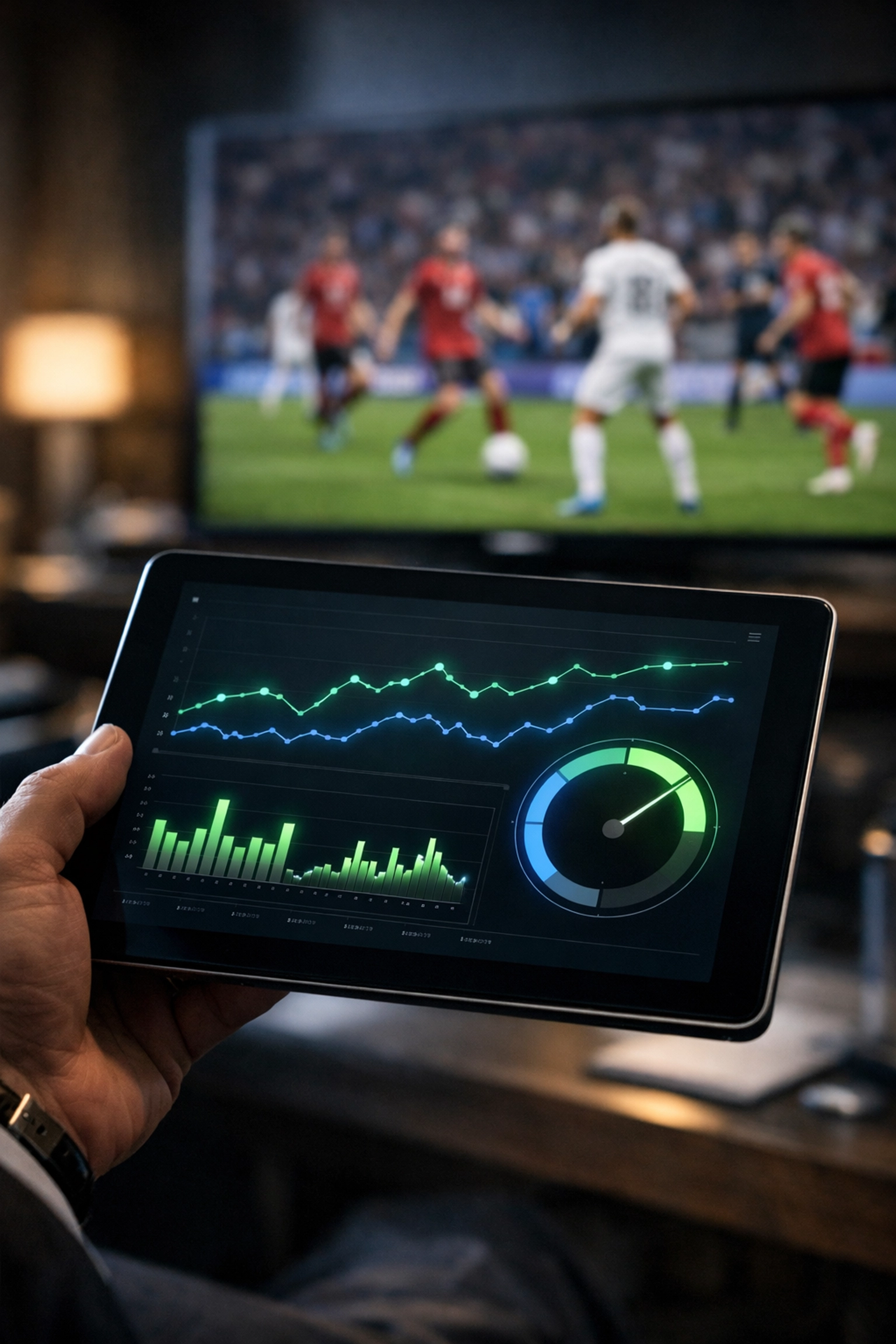 Profi-Analyse von Live-Wetten Trends mit statistischen Graphen auf einem Tablet während eines Fußballspiels.