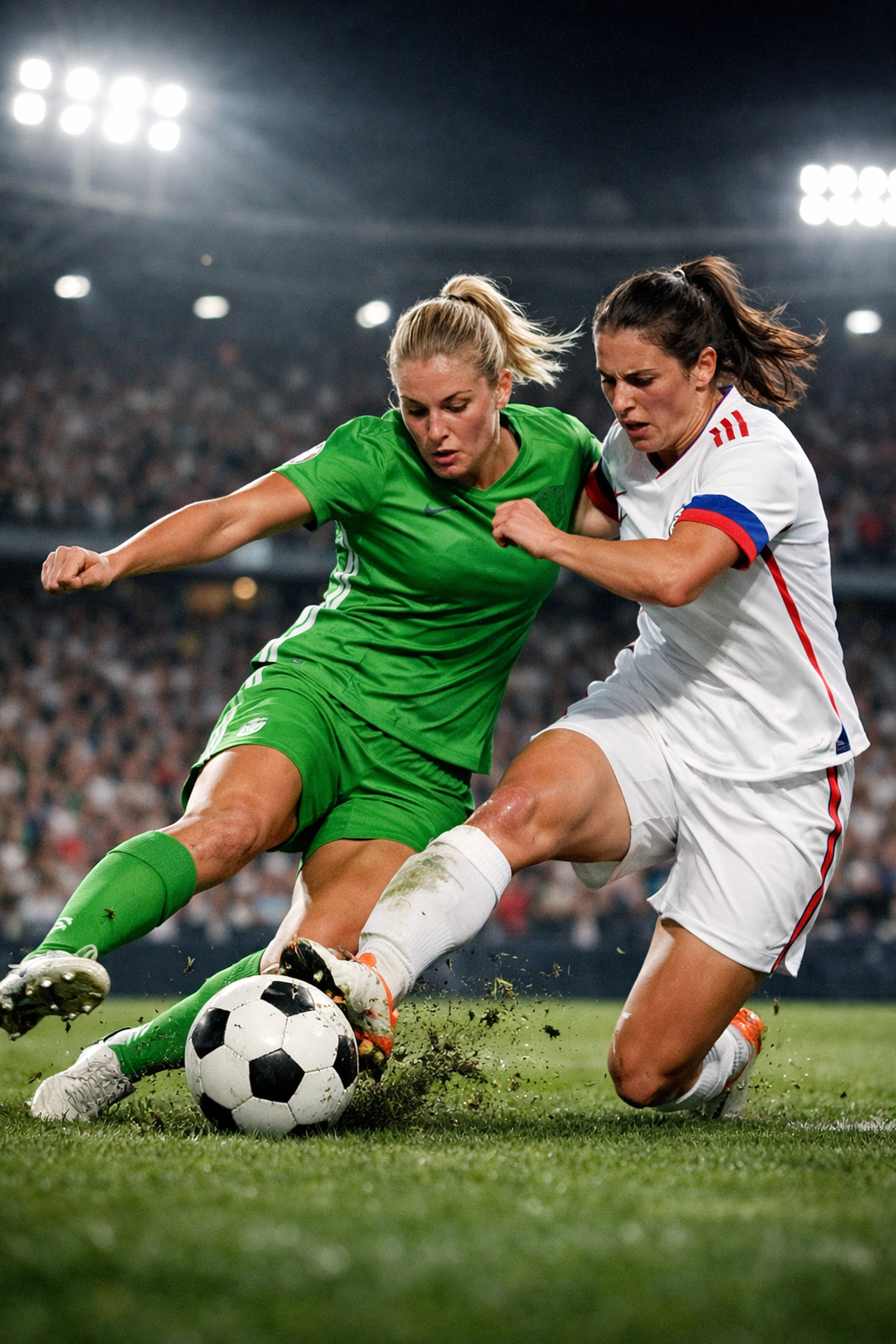 Fußballerinnen von Wolfsburg und Lyon im Zweikampf während des Champions League Spiels am 24.03.2026.