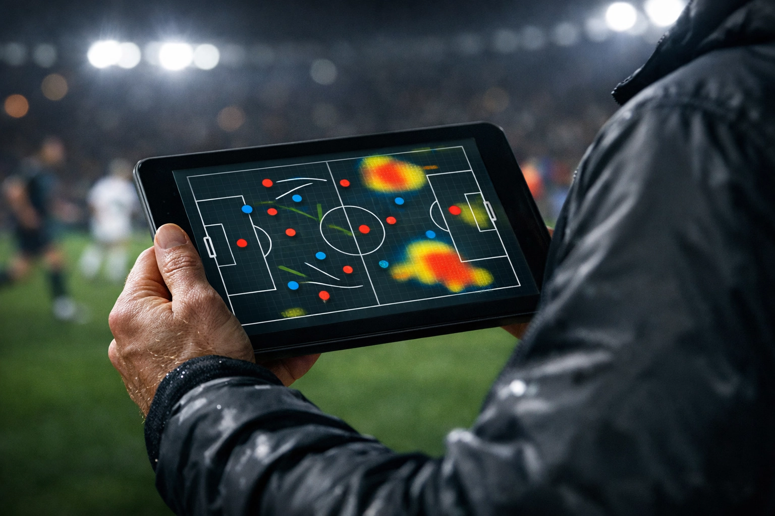 Professionelle Sportwetten Analyse: Trainer nutzt taktische Heatmap am Spielfeldrand bei Nacht.