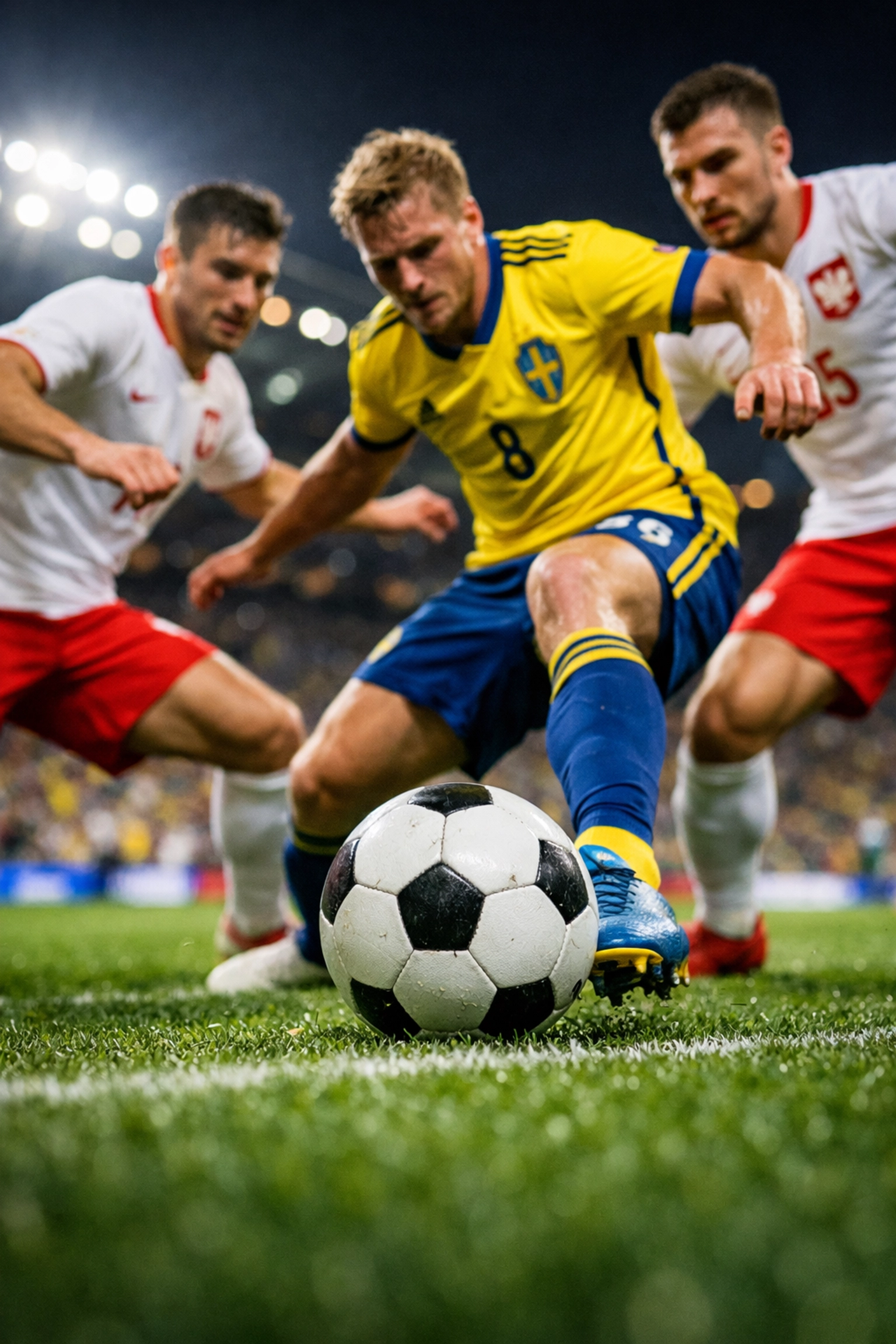 Intensiver Zweikampf zwischen einem schwedischen und polnischen Spieler auf dem Rasen.