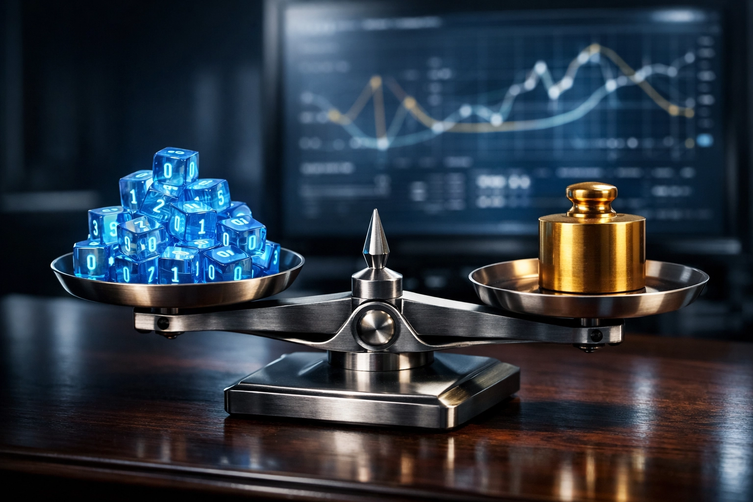 Analytische Waage balanciert Daten und Einsätze zur Berechnung der Quotenbewegungen.