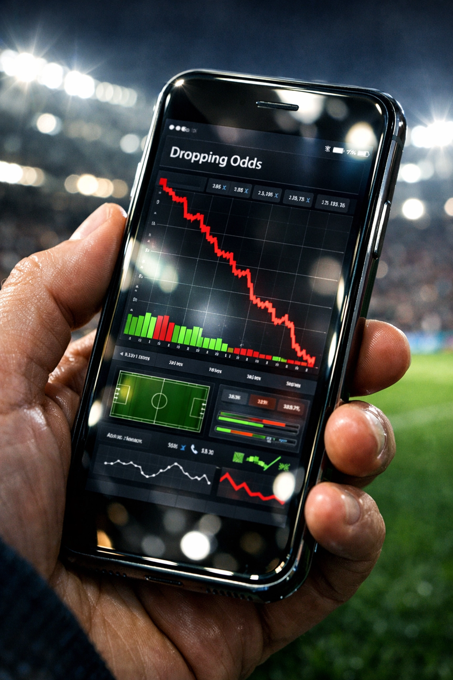 Analyse-App auf einem Smartphone zeigt fallende Quoten vor einem Fußballstadion.