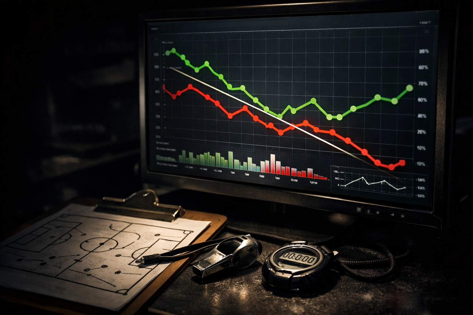 Taktischer Analyse-Monitor mit statistischen Trends zur Quotenentwicklung in der Serie A.