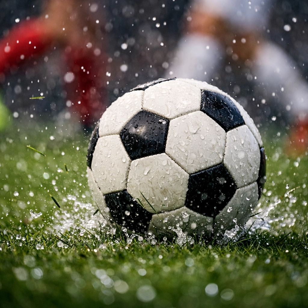 Detailaufnahme eines Fußballs auf nassem Rasen während des Bundesliga-Spiels Wolfsburg gegen Bremen.