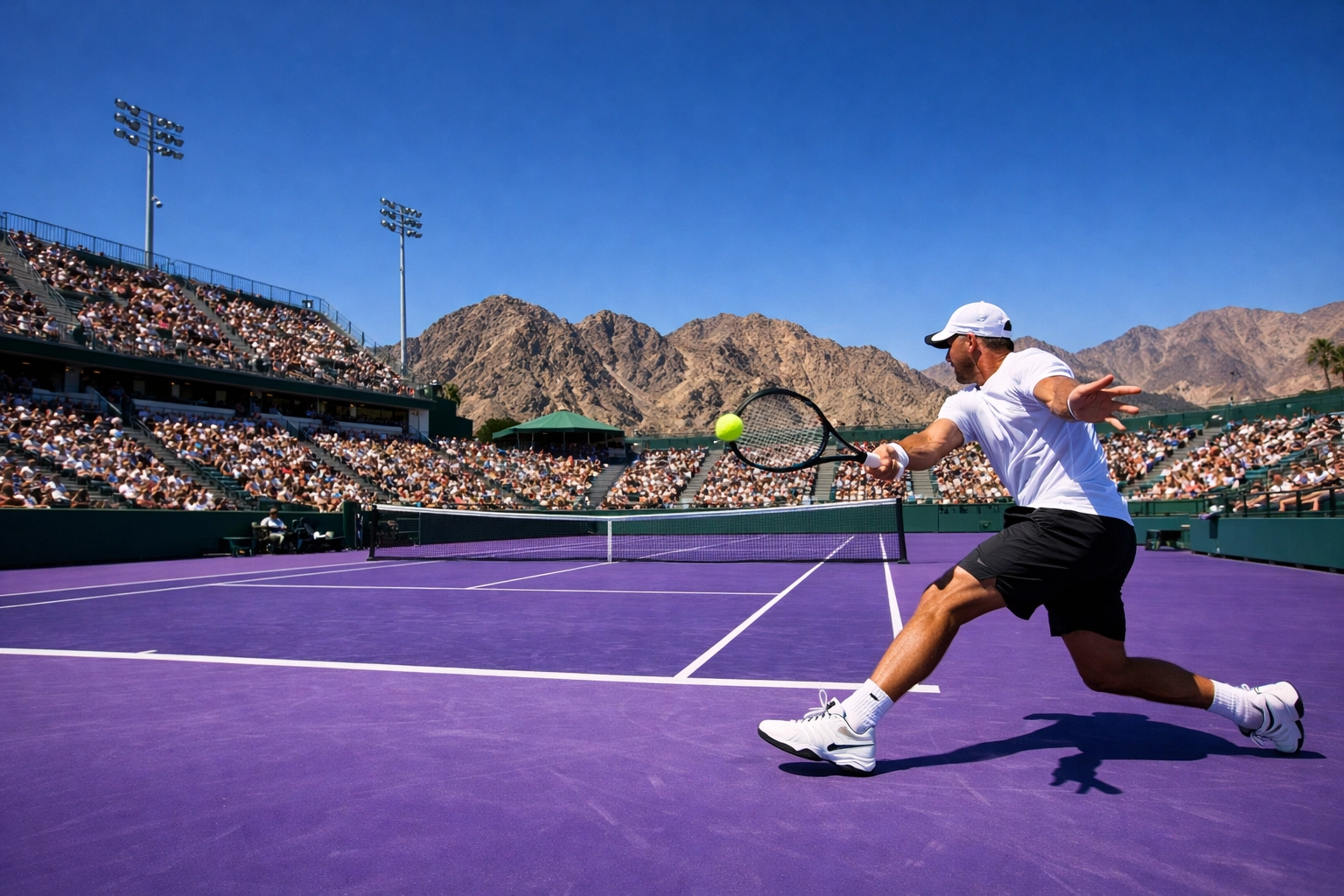 Tennis-Profi beim Vorhand-Schlag auf dem lila Hartplatz in Indian Wells zur ATP Analyse.