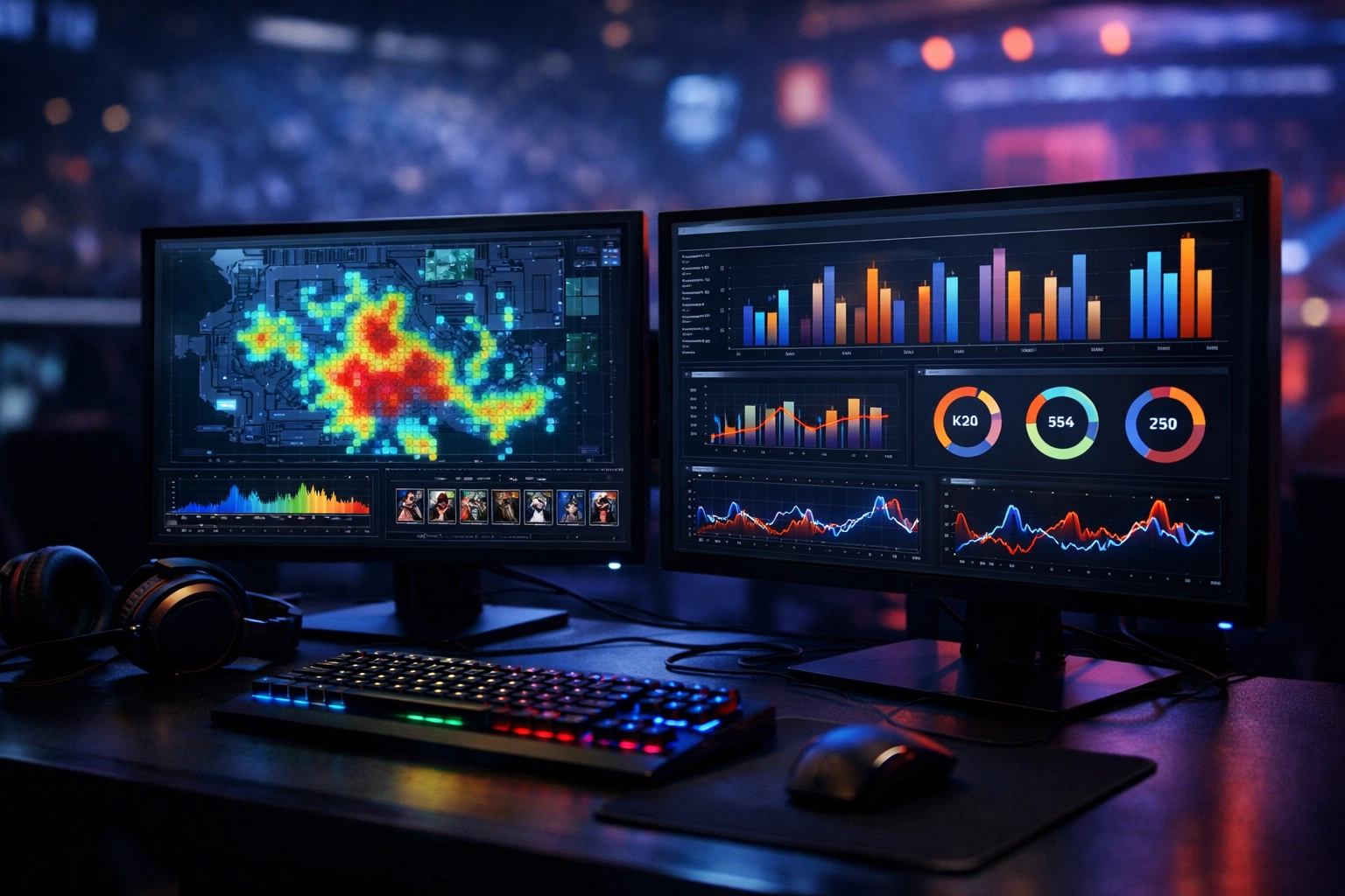 Datenvisualisierung von E-Sports Statistiken und Spieler-Performance auf professionellen Monitoren.