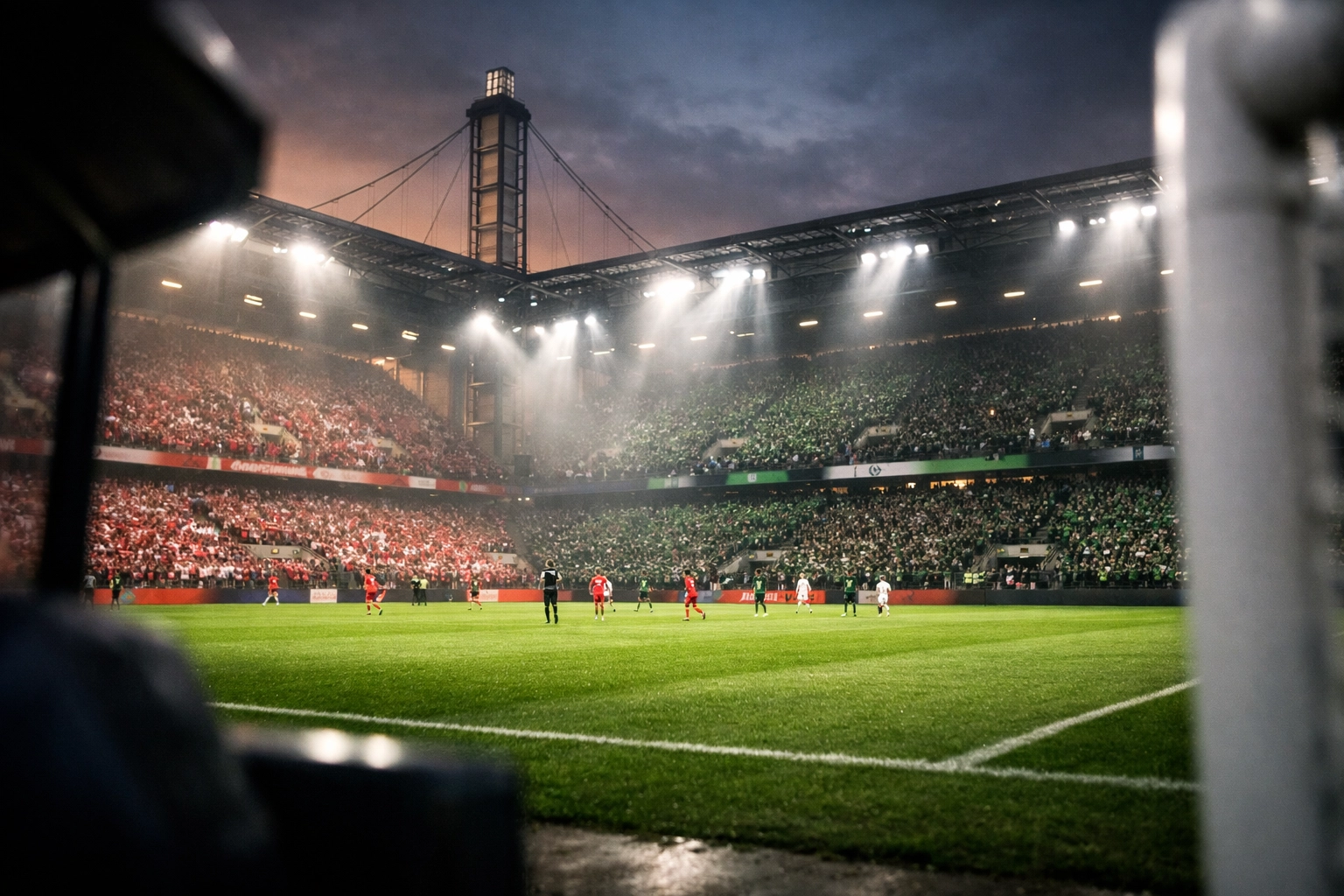 Flutlicht-Atmosphäre im Stadion beim Rheinderby FC Köln gegen Borussia Mönchengladbach in der Bundesliga.