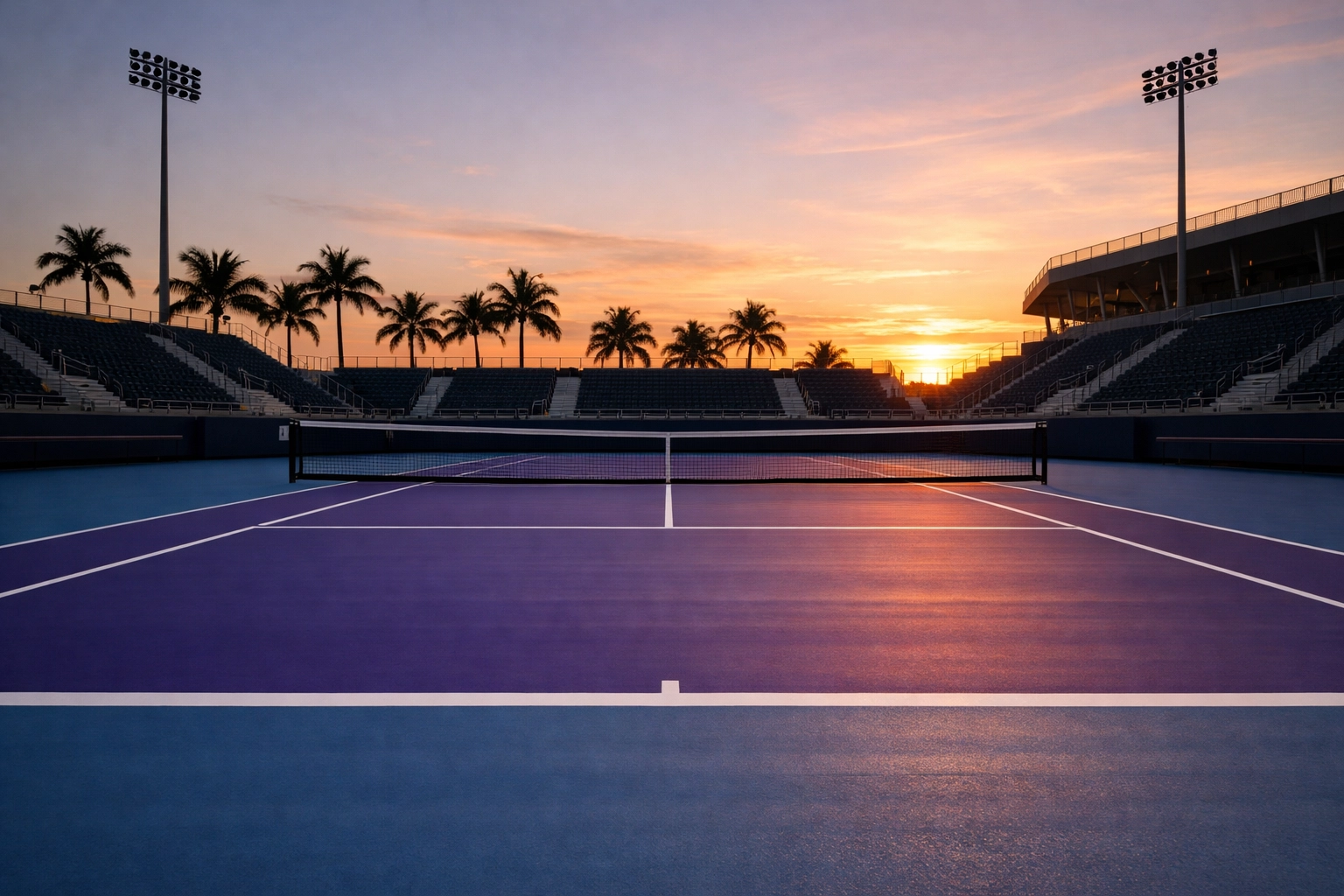 Profi-Tennis-Hartplatz in Miami bei Sonnenuntergang für die ATP und WTA Tour 2026.