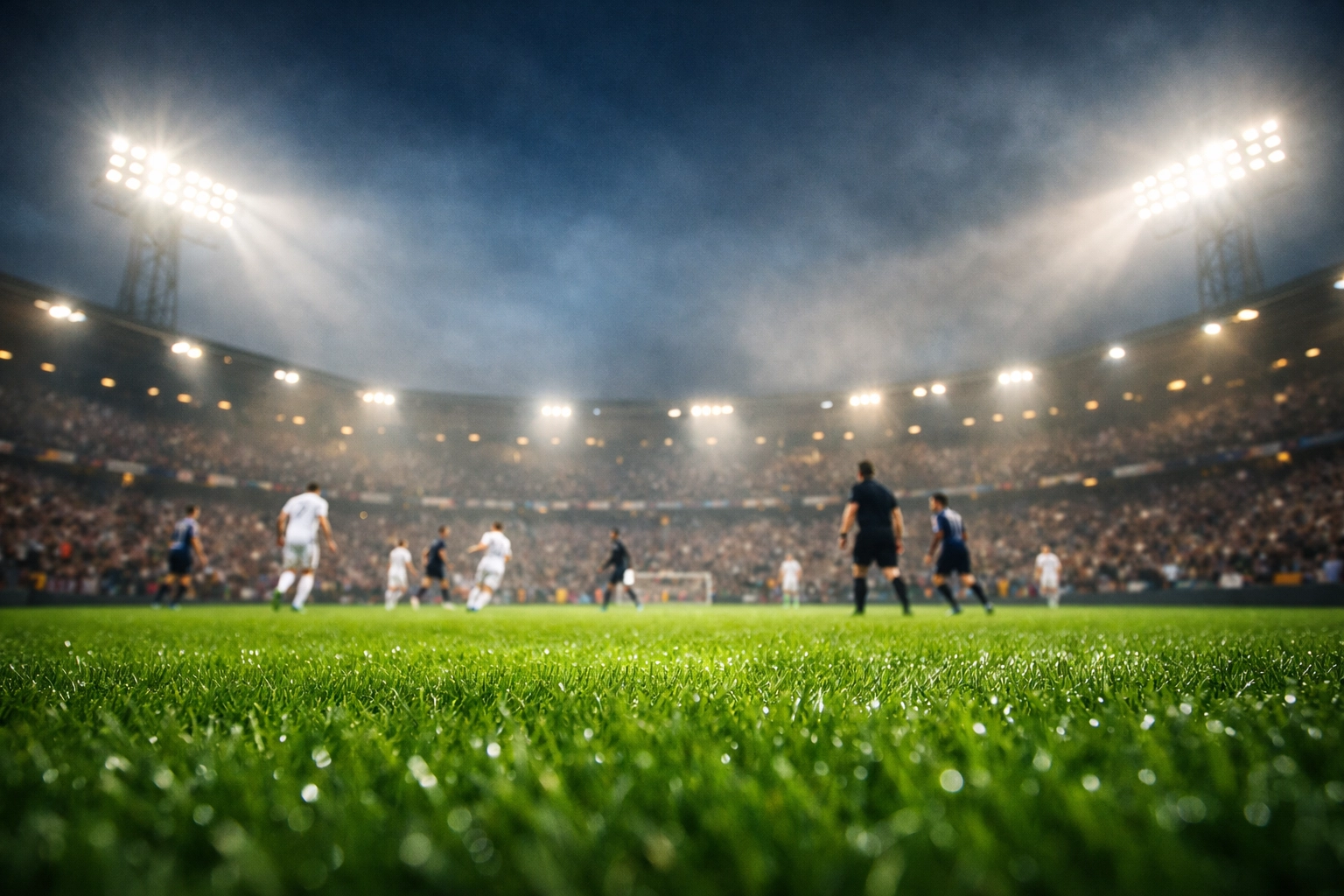 Fußballstadion unter Flutlicht während der entscheidenden Schlussphase eines Spiels